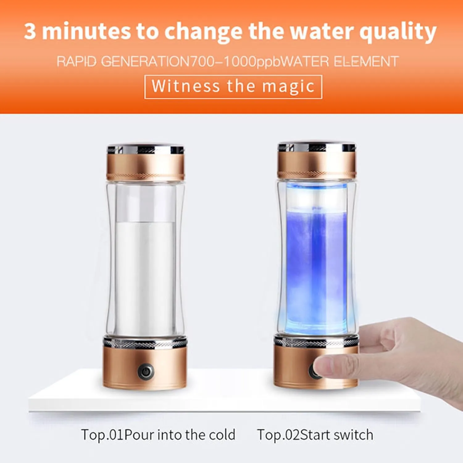 Hydrogen Water Bottle Generator, Portable Hydrogen Rich Water Cup, 350ML, Up to 1200-1600 PPB, PEM Technology Health Glass Cup, for Home Travel