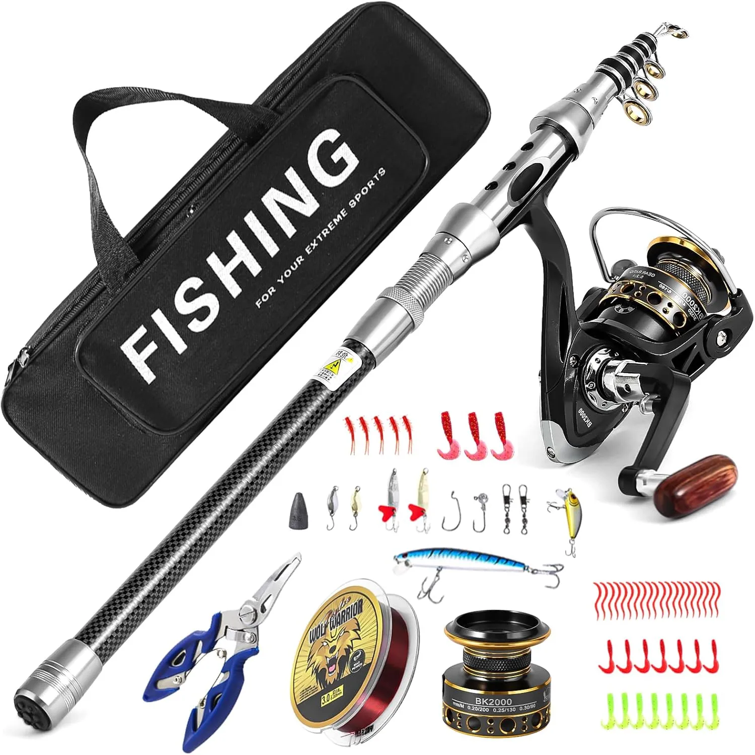 I00000 Fishing Rod and Reel Combos with Carbon Fiber Telescopic Fishing Pole - Spinning Reel Fishing Carrier Bag, Freshwater and Saltwater Fishing Rod Kit, Travel Fishing Kit