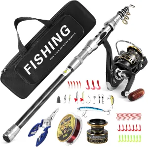 I00000 Fishing Rod and Reel Combos with Carbon Fiber Telescopic Fishing Pole - Spinning Reel Fishing Carrier Bag, Freshwater and Saltwater Fishing Rod Kit, Travel Fishing Kit