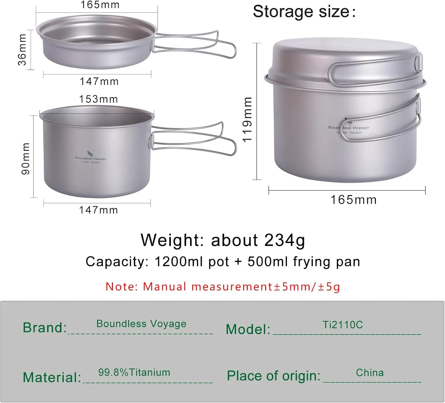 iBasingo 2 Piece-Set Titanium Bowl Pot Set with Folding Handle Outdoor Camping Picnic Pan Ultralight Cooking Tableware Picnic Dishes