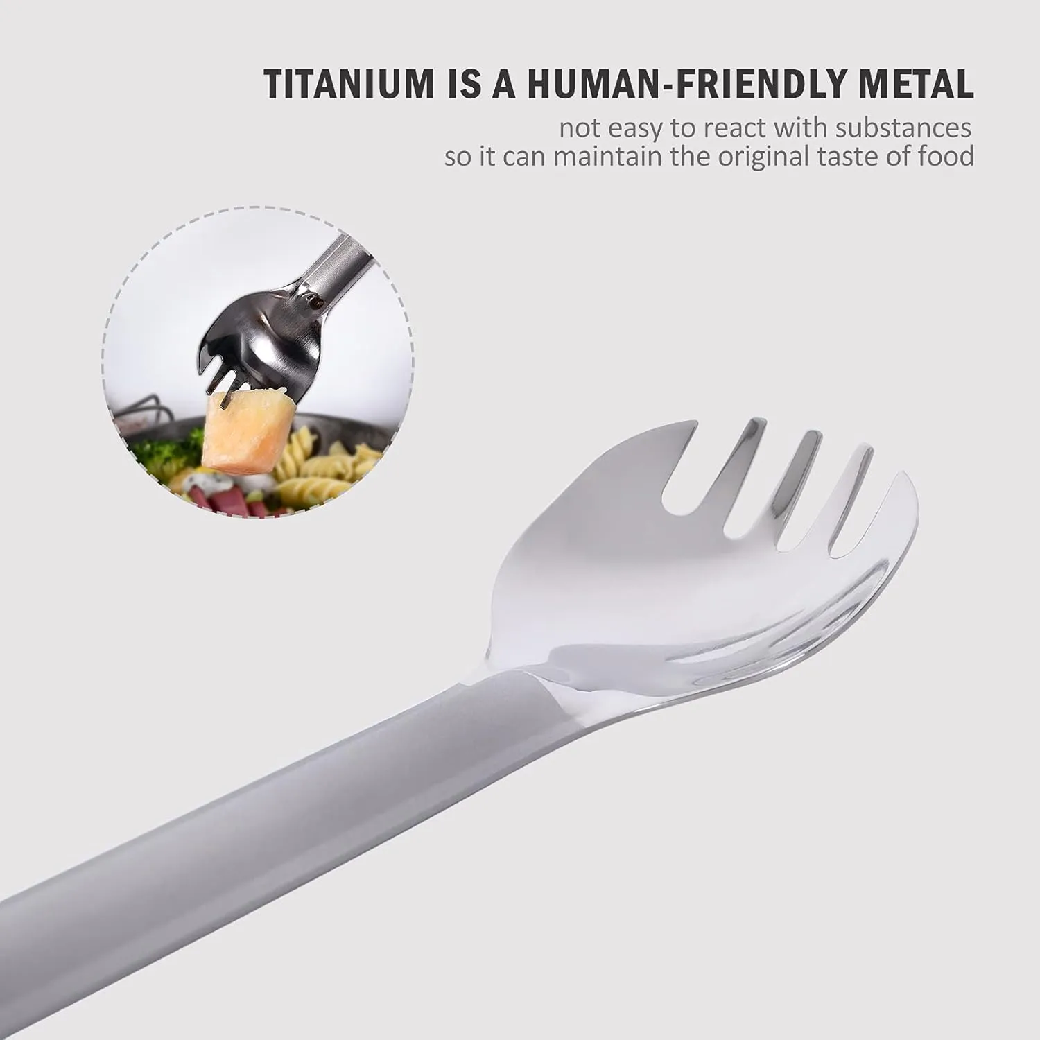 iBasingo Titanium Long Handle Spoon Spork Camping Utensil Set with Polished Bowl & Hook Ultra-Light for Backpacking, Hiking, Travel Durable Outdoor Tableware Ti1033T
