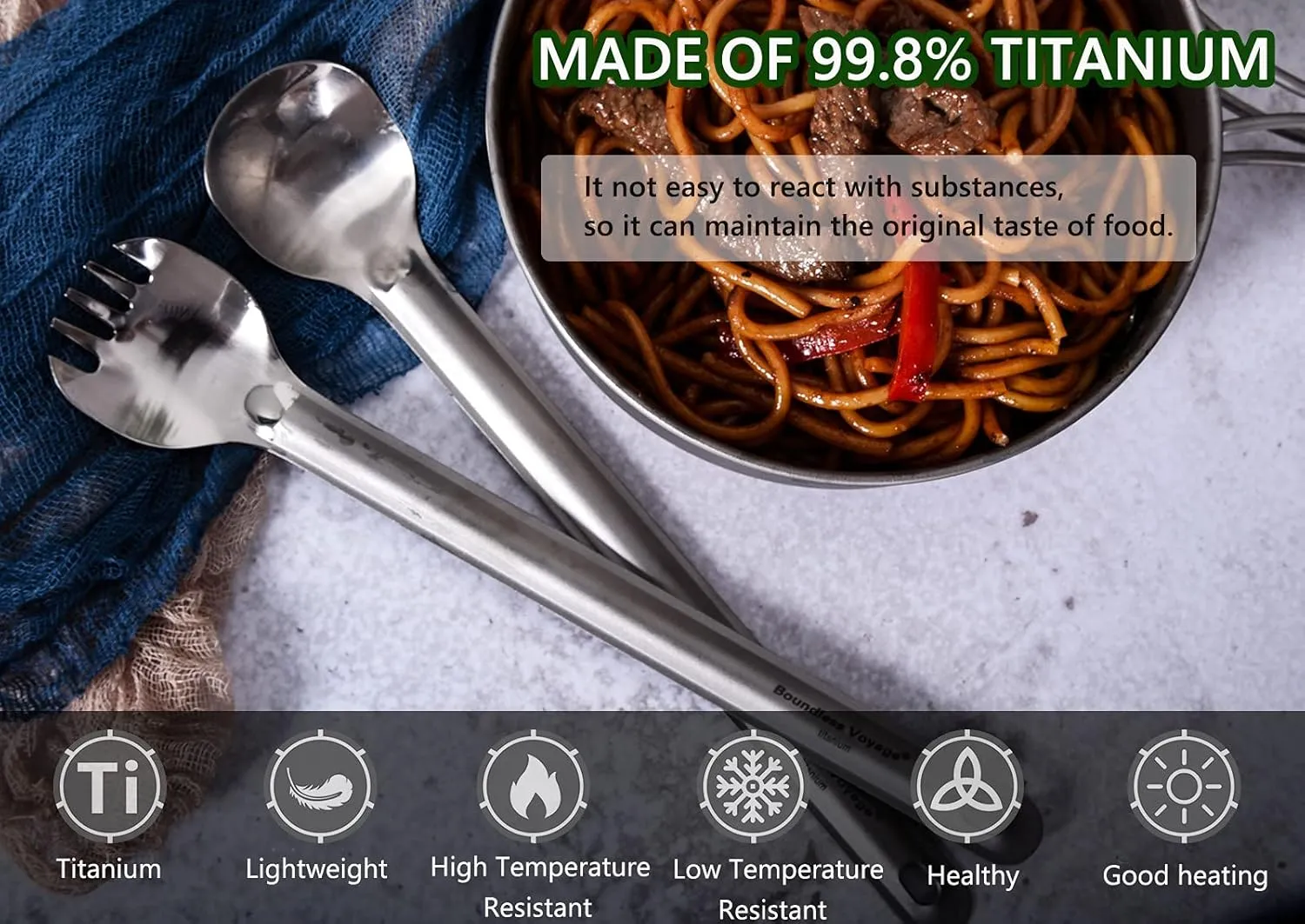 iBasingo Titanium Long Handle Spoon Spork Camping Utensil Set with Polished Bowl & Hook Ultra-Light for Backpacking, Hiking, Travel Durable Outdoor Tableware Ti1033T