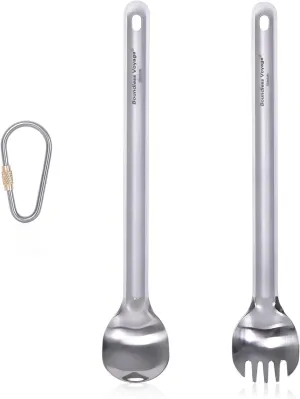 iBasingo Titanium Long Handle Spoon Spork Camping Utensil Set with Polished Bowl & Hook Ultra-Light for Backpacking, Hiking, Travel Durable Outdoor Tableware Ti1033T