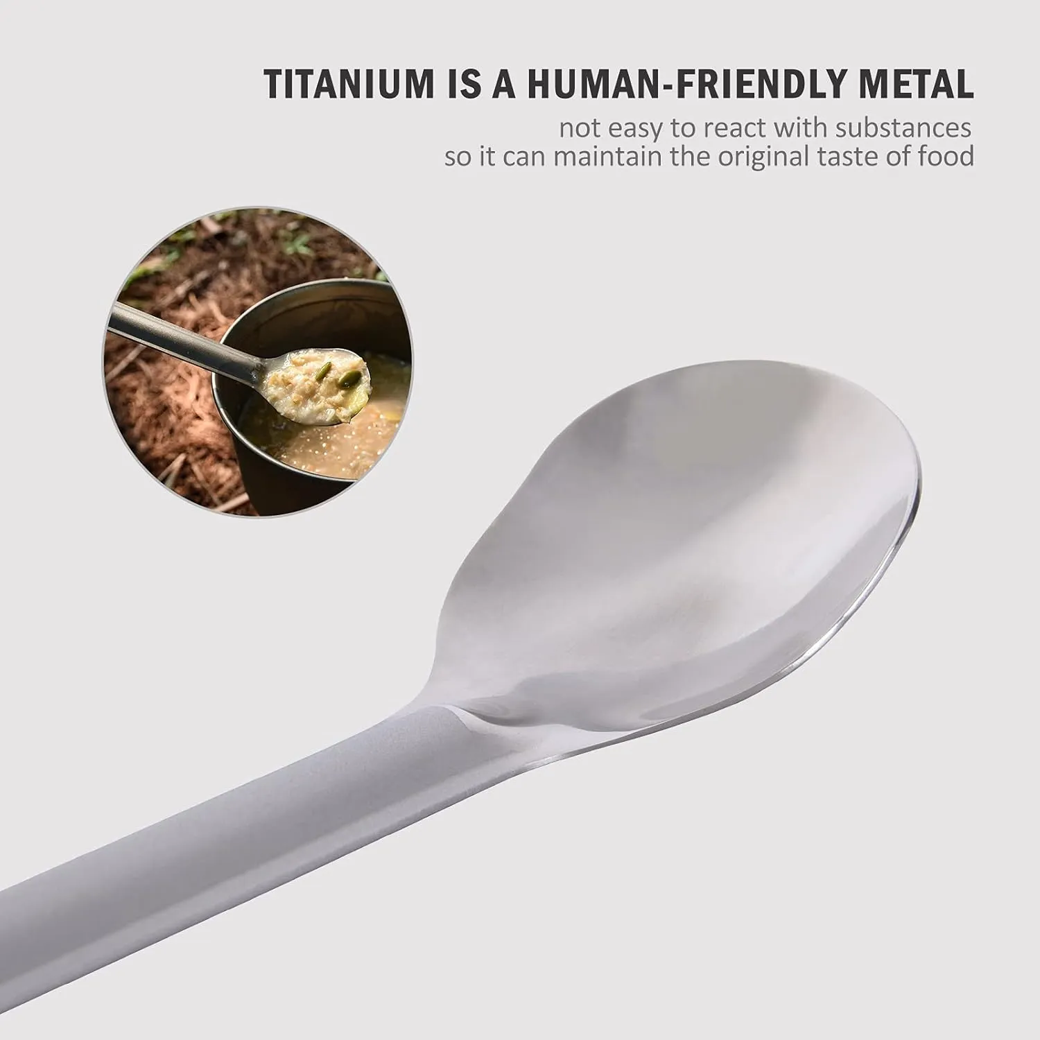 iBasingo Titanium Long Handle Spoon Spork Camping Utensil Set with Polished Bowl & Hook Ultra-Light for Backpacking, Hiking, Travel Durable Outdoor Tableware Ti1033T