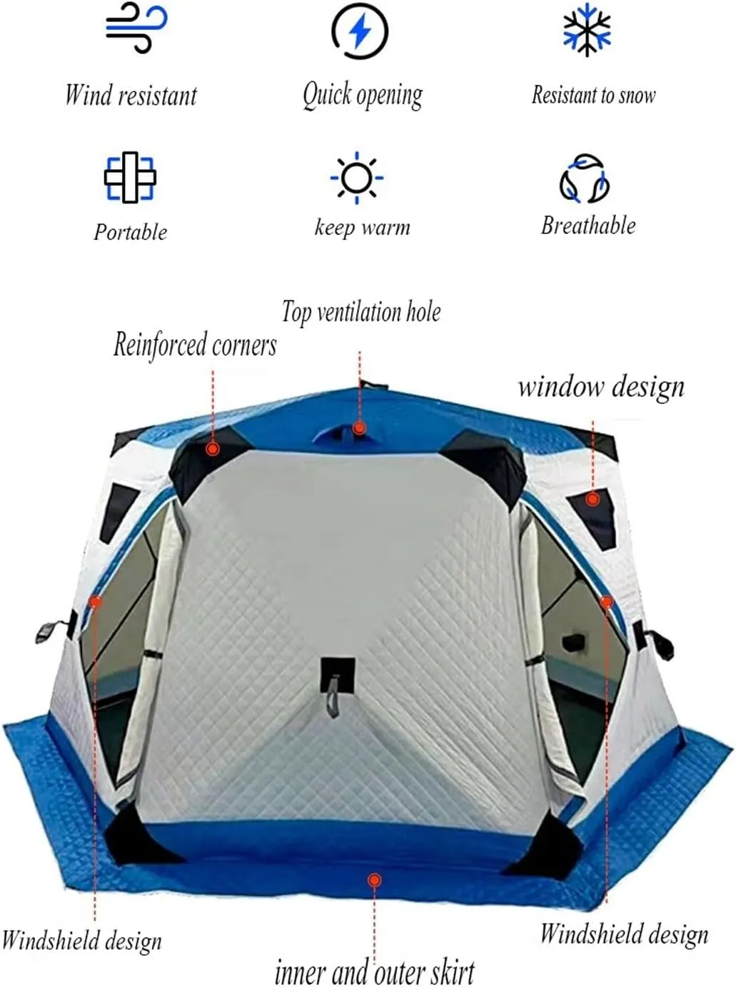 ice Fishing Tent ice Fishing shelter Insulated Hexagonal Winter Fishing Tent, Thickened to Keep Warm, Cold and Rainproof, with Firewood Heater and Chimney Opening(Color:2)