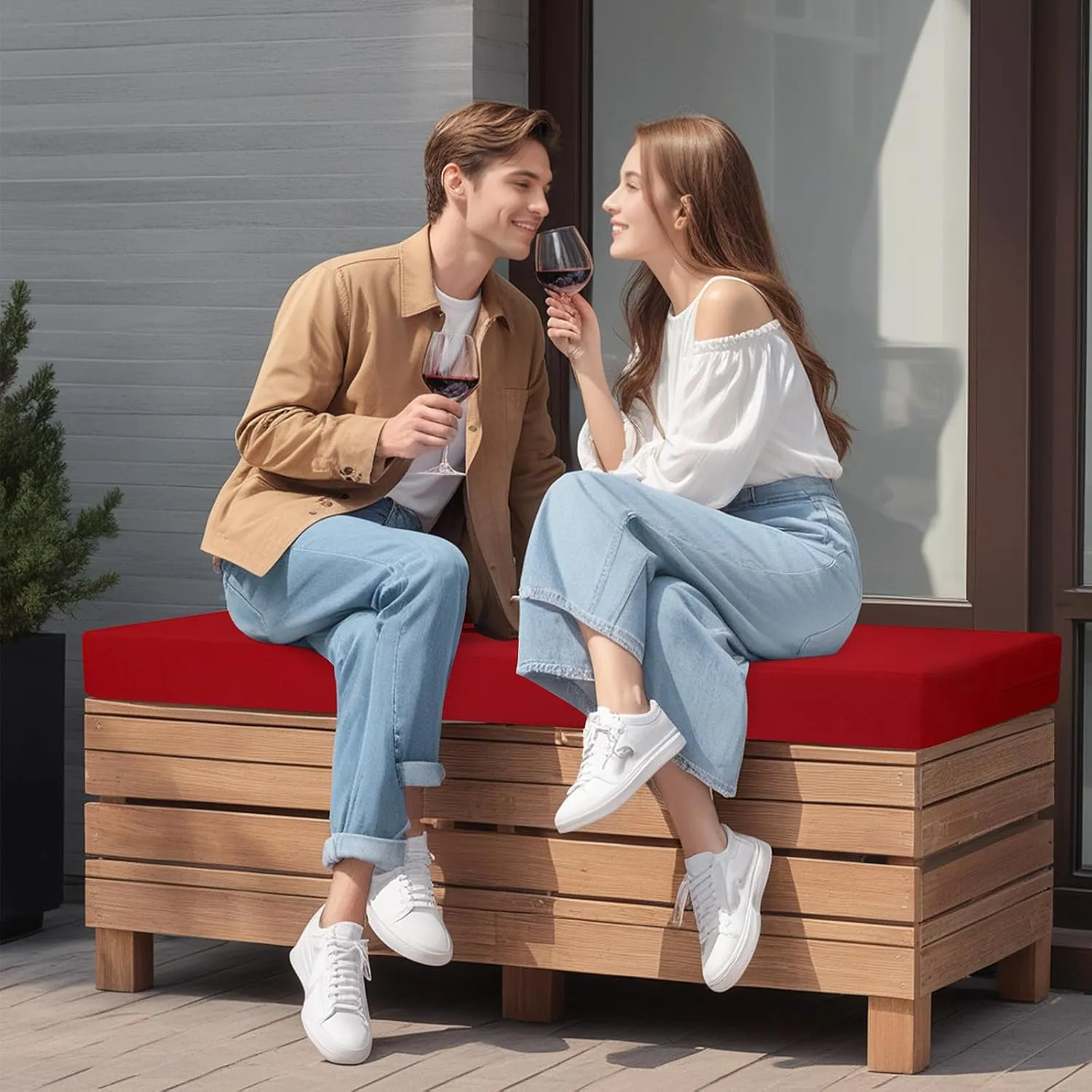 idee-home Outdoor Bench Cushion Waterproof, Bench Cushions for Outdoor Furniture, Patio Porch Swing Replacement Seat Pad with Ties for Garden Backyard, 48 x 18 Inch Red