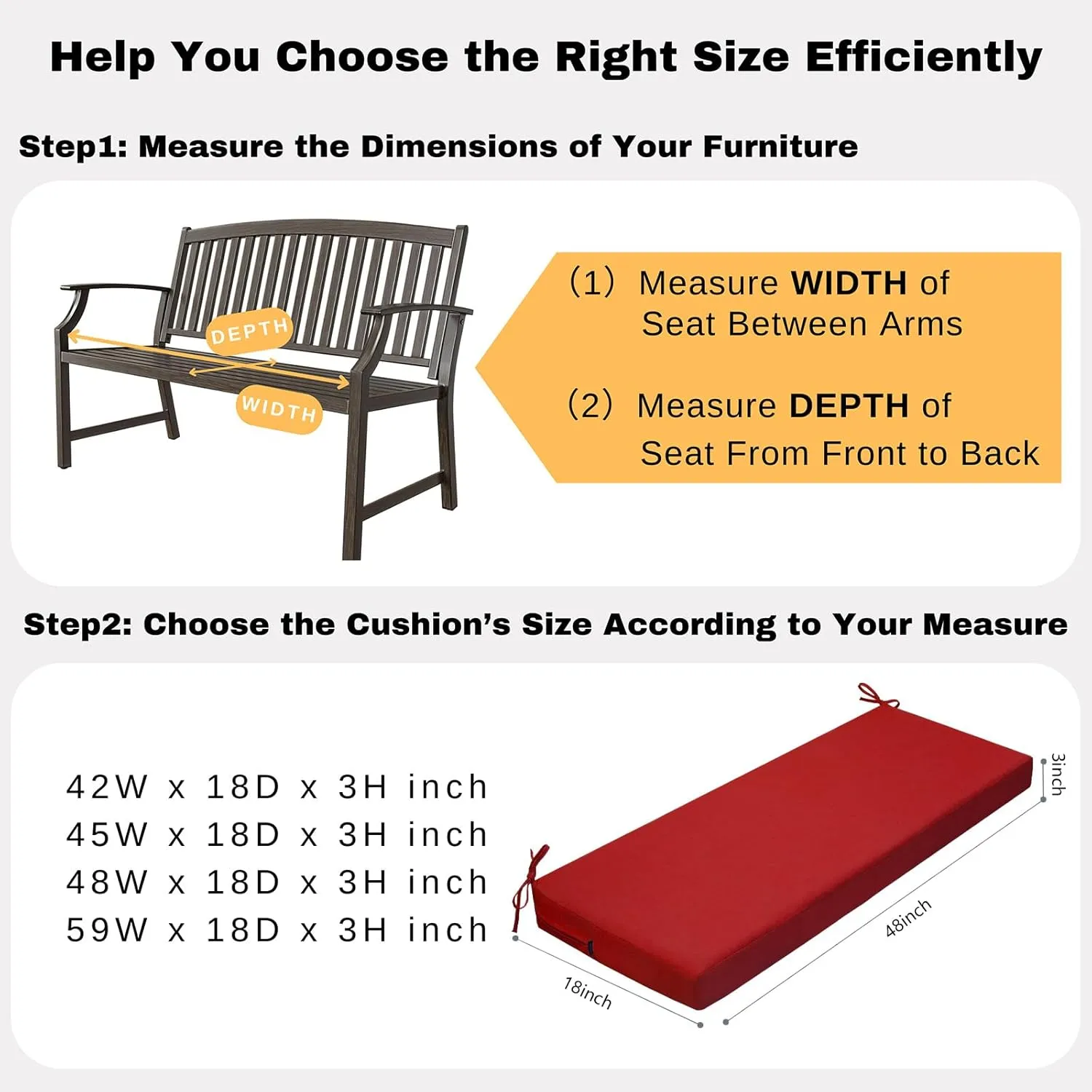 idee-home Outdoor Bench Cushion Waterproof, Bench Cushions for Outdoor Furniture, Patio Porch Swing Replacement Seat Pad with Ties for Garden Backyard, 48 x 18 Inch Red