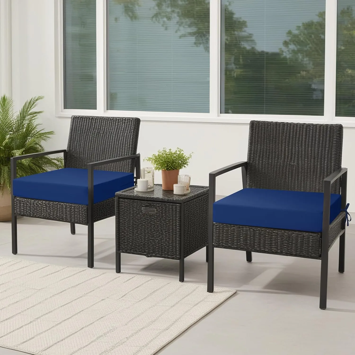 idee-home Outdoor Chair Cushions Set of 4, Waterproof Outdoor Seat Cushions for Patio Furniture, Outside Replacement Chair Pad with Ties for Lawn Deck Porch, 19 x 19 Navy Blue