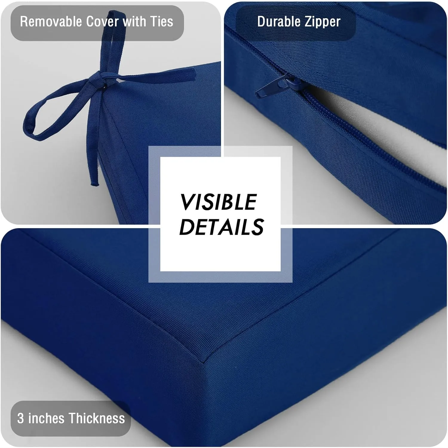 idee-home Outdoor Chair Cushions Set of 4, Waterproof Outdoor Seat Cushions for Patio Furniture, Outside Replacement Chair Pad with Ties for Lawn Deck Porch, 19 x 19 Navy Blue