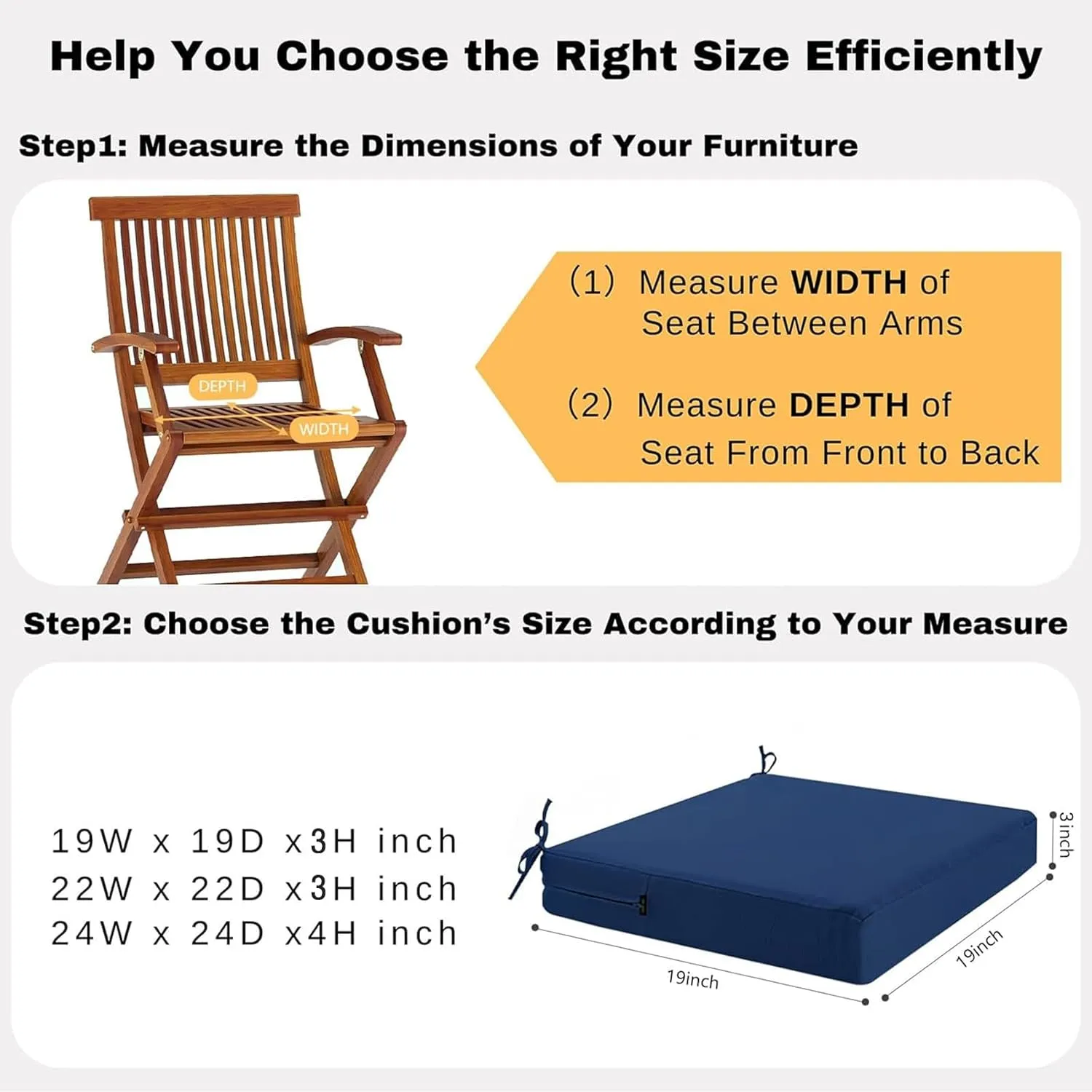 idee-home Outdoor Chair Cushions Set of 4, Waterproof Outdoor Seat Cushions for Patio Furniture, Outside Replacement Chair Pad with Ties for Lawn Deck Porch, 19 x 19 Navy Blue