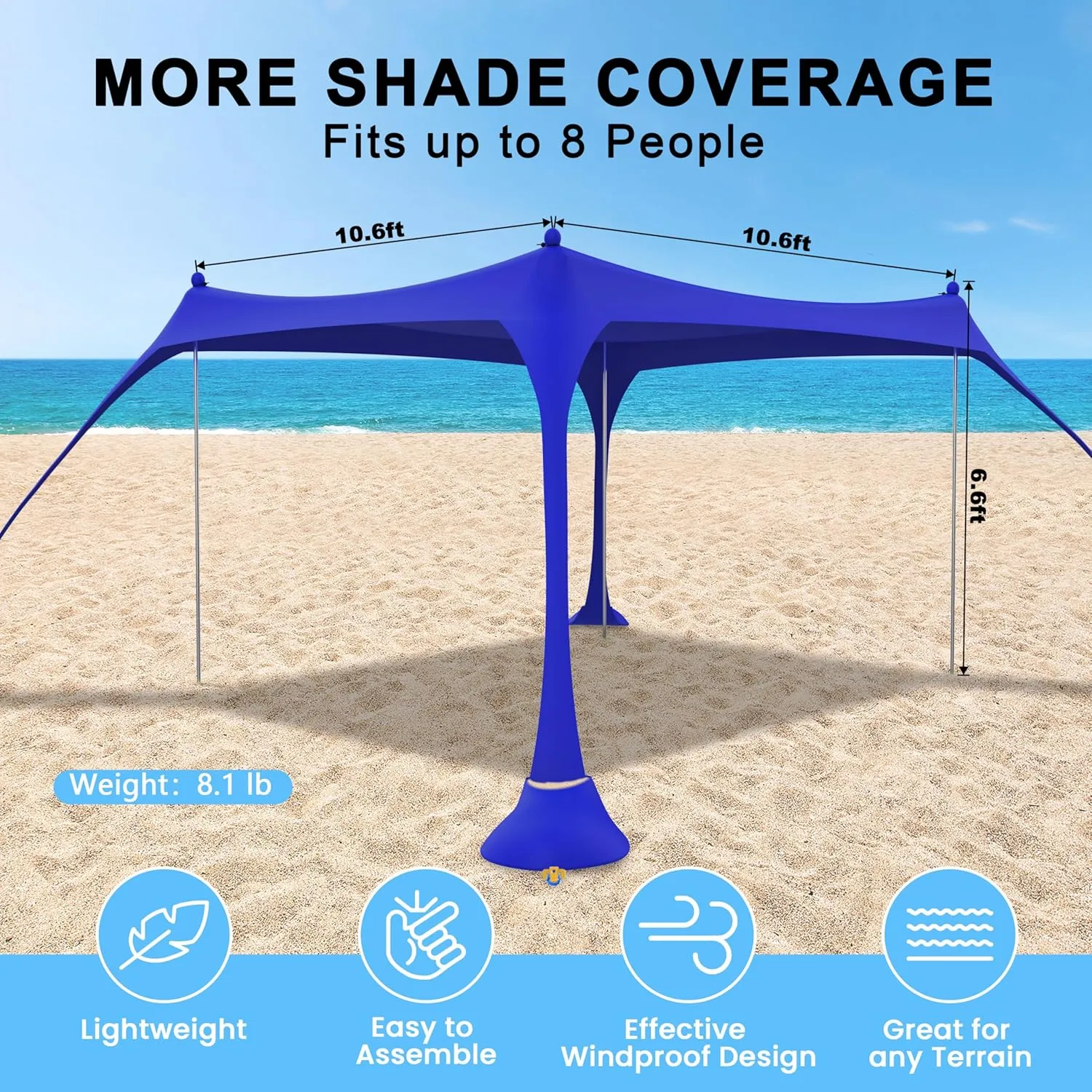 ihuan Beach Tent Sun Shelter 11X11FT UPF50  with 4 Aluminum Foldable Poles, Easy Setup Outdoor Shade Canopy for 8 Person, Cool Cabana for Fishing, Family Trips, Backyard Picnics