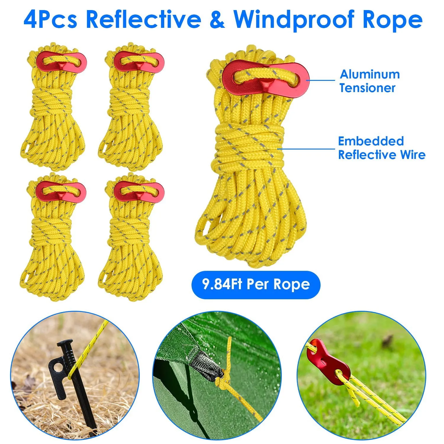 iMounTEK 9.84ft Camping Essentials, Tents for Camping Accessories Kit with Metal Tent Pegs, Reflective Rope for Camping, Hiking, Backpacking