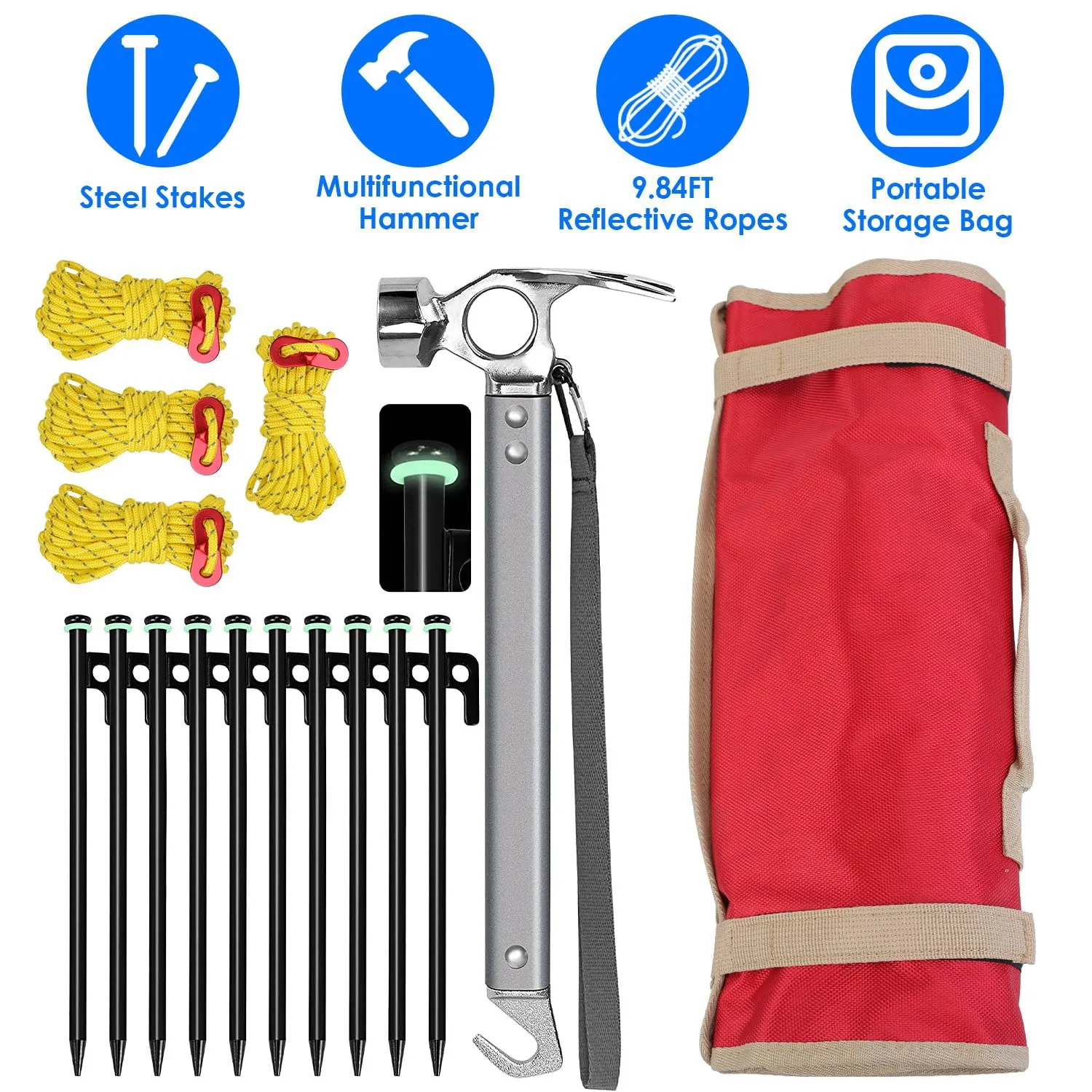 iMounTEK 9.84ft Camping Essentials, Tents for Camping Accessories Kit with Metal Tent Pegs, Reflective Rope for Camping, Hiking, Backpacking