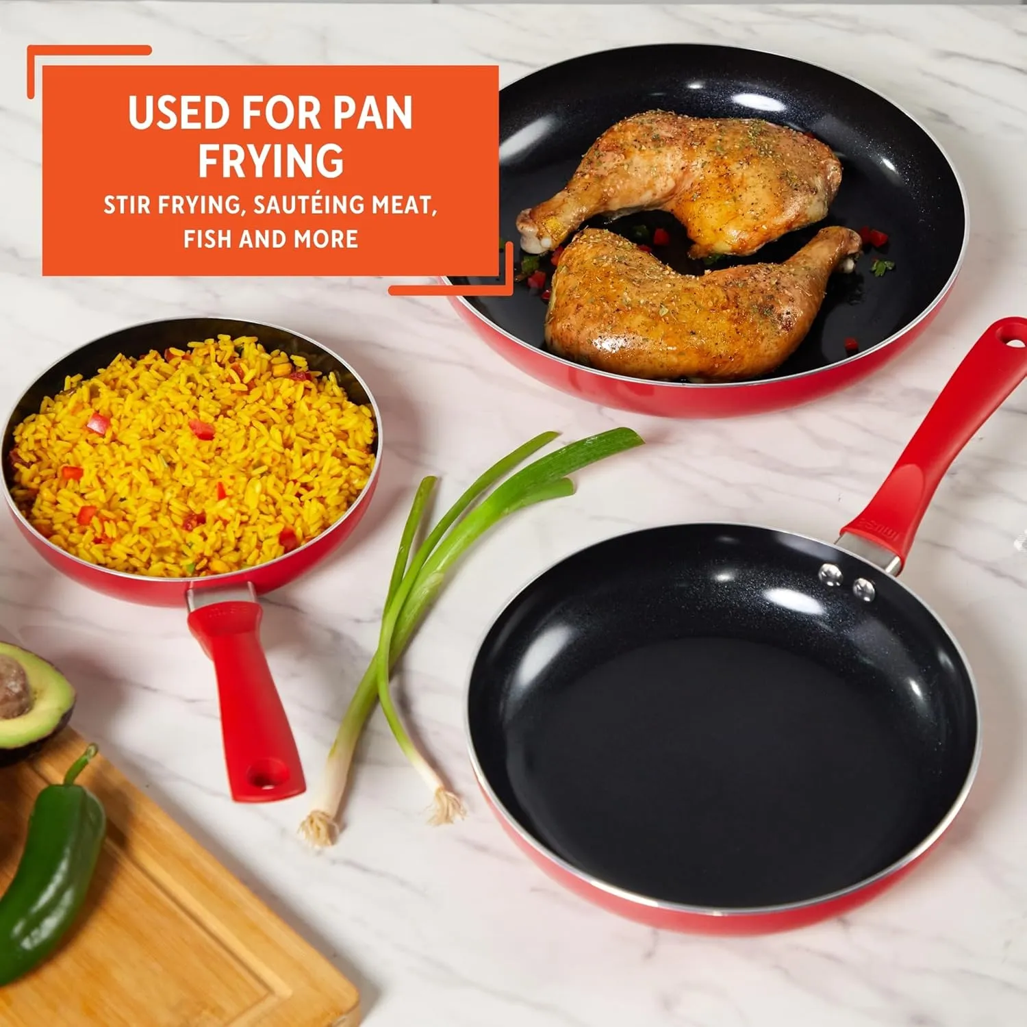 IMUSA Nonstick Ceramic Cookware Set 3-Piece 7in/9in/11in, with Stay-Cool Handles, Aluminum, Red