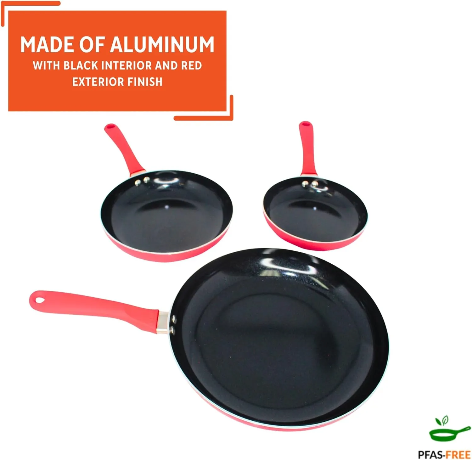 IMUSA Nonstick Ceramic Cookware Set 3-Piece 7in/9in/11in, with Stay-Cool Handles, Aluminum, Red