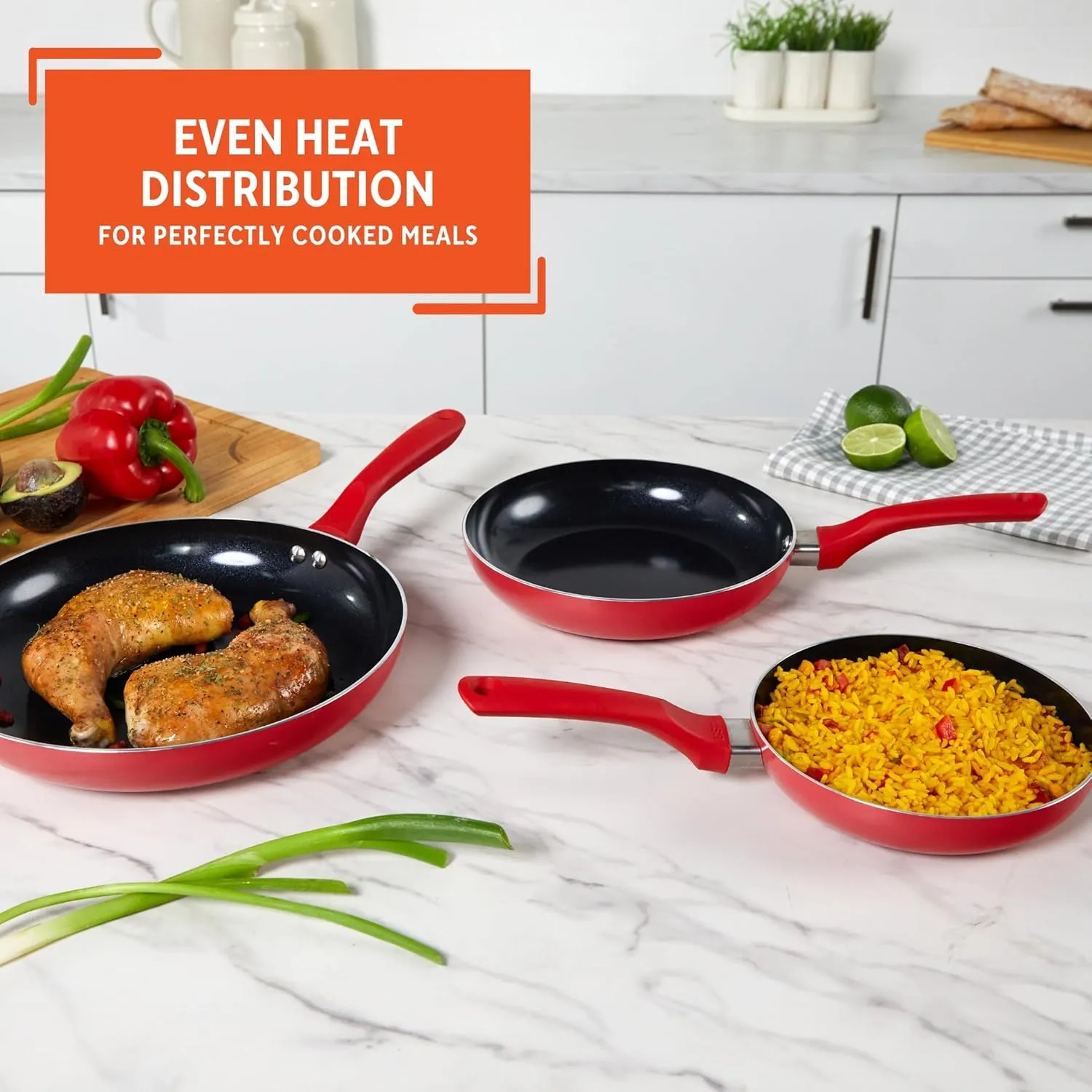 IMUSA Nonstick Ceramic Cookware Set 3-Piece 7in/9in/11in, with Stay-Cool Handles, Aluminum, Red
