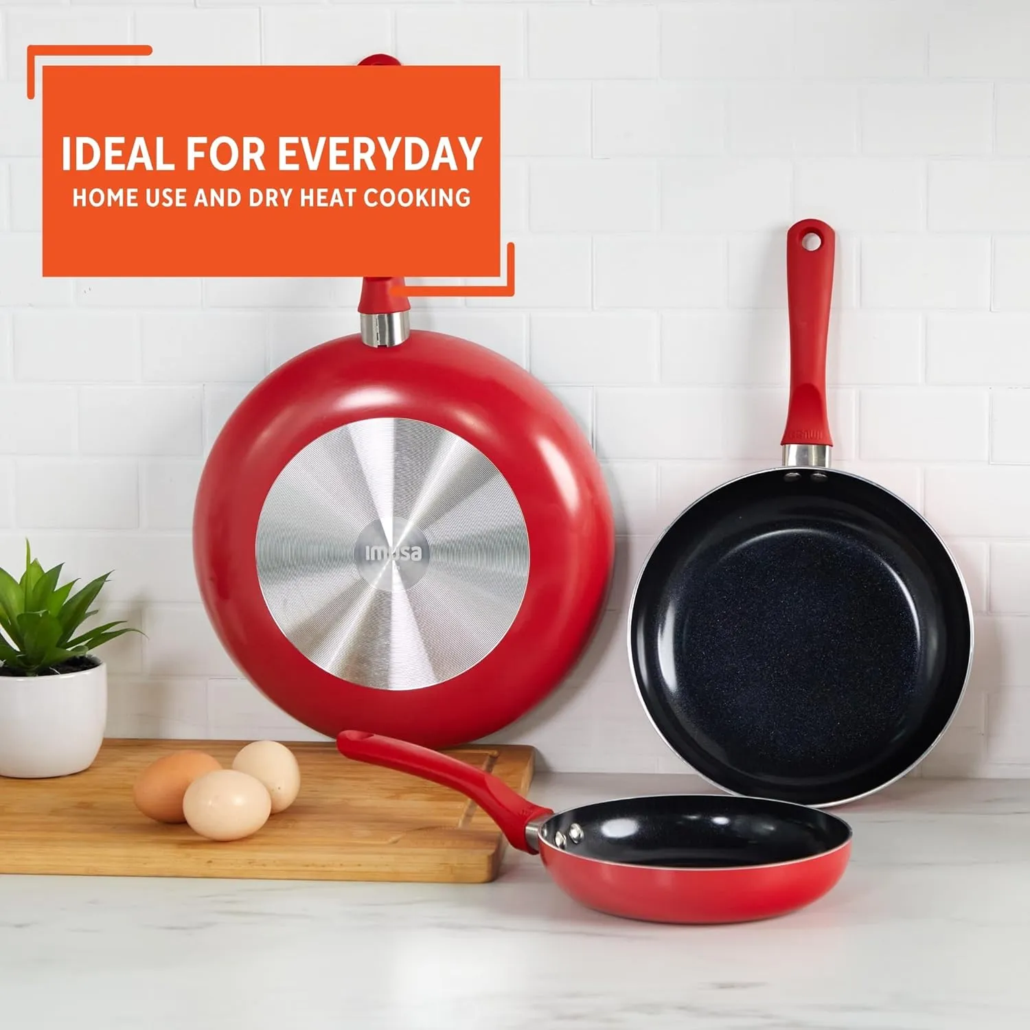 IMUSA Nonstick Ceramic Cookware Set 3-Piece 7in/9in/11in, with Stay-Cool Handles, Aluminum, Red