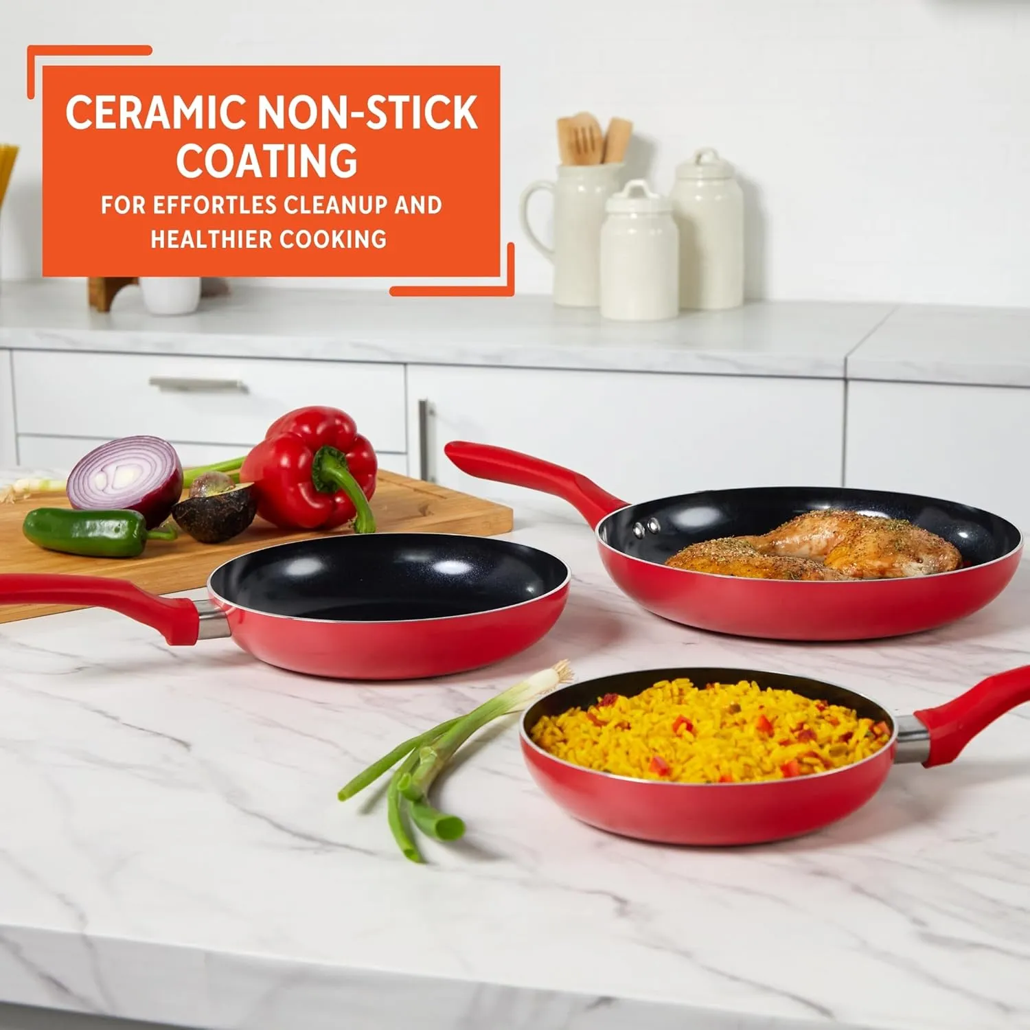 IMUSA Nonstick Ceramic Cookware Set 3-Piece 7in/9in/11in, with Stay-Cool Handles, Aluminum, Red
