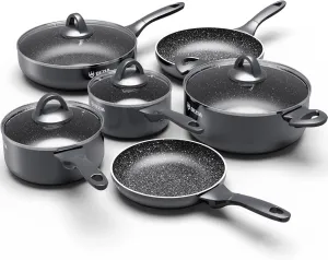 Induction Cookware Pots and Pans Set 10 Piece, BEZIA Dishwasher Safe Nonstick Cooking Pans, Stay-Cool Bakelite Handle, Scratch Resistant Kitchen Sets with Frying Pans, Saucepans & Stockpot (Black)