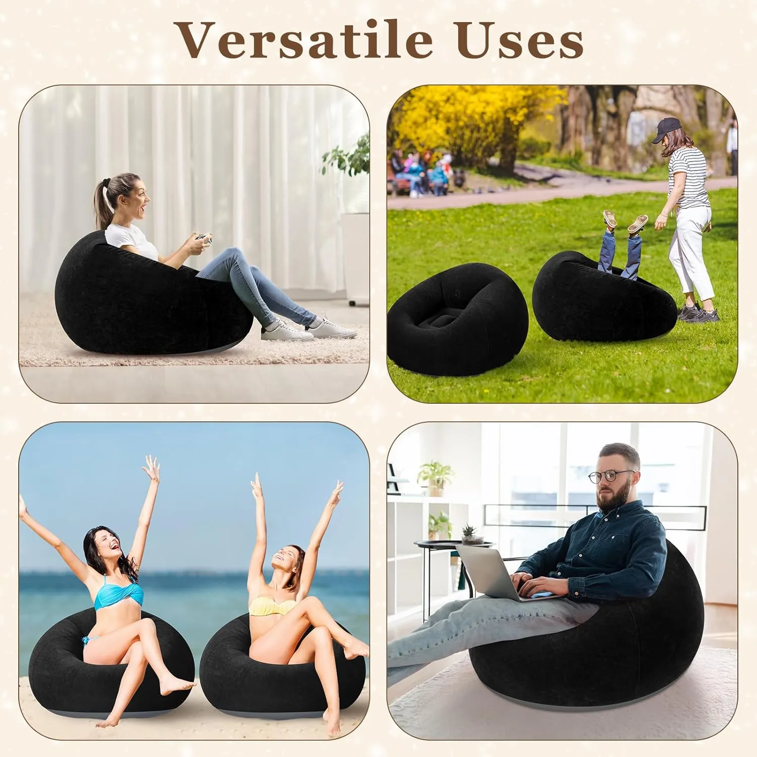 Inflatable Bean Bag Chairs Blow up Chairs Camping Chairs Inflatable Lazy Sofa Folding Portable Inflatable Chair for Living Room Bedroom Reading Room(Black,2 Pcs)