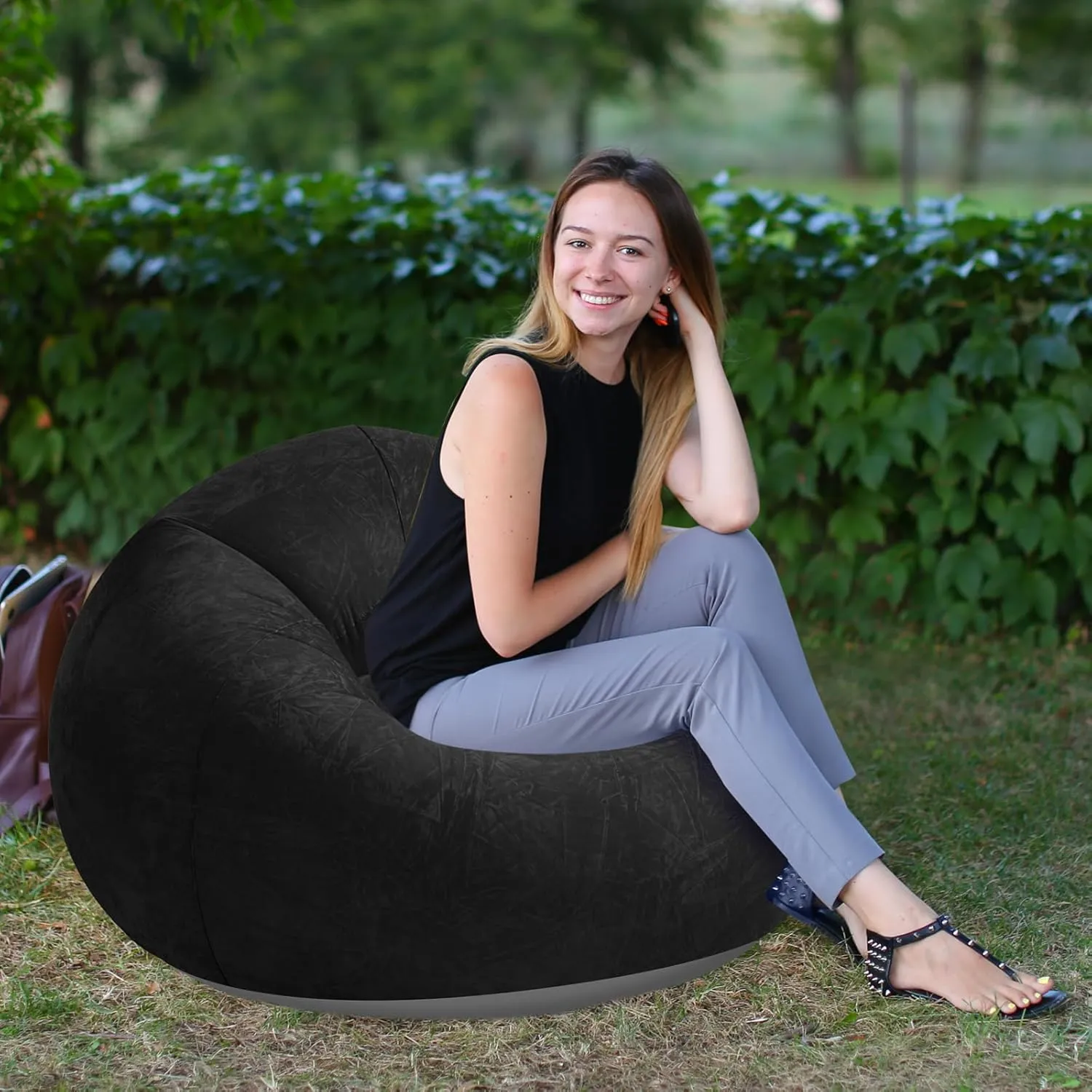 Inflatable Bean Bag Chairs Blow up Chairs Camping Chairs Inflatable Lazy Sofa Folding Portable Inflatable Chair for Living Room Bedroom Reading Room(Black,2 Pcs)