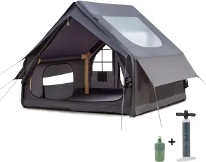 Inflatable Camping Tent for 4-6 Person, with Electric Air Pump, 4 Season Waterproof Windproof, Clear Skylight & 420D Oxford Waterproof, Air Tent with Mesh Windows/Doors