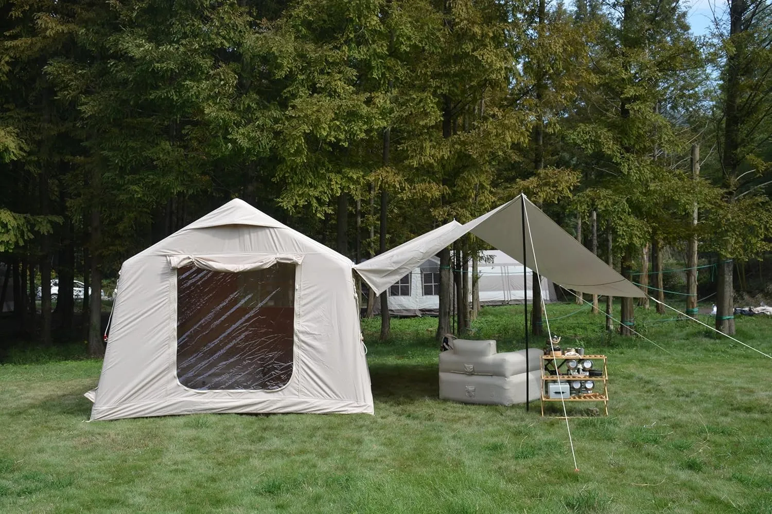 Inflatable Camping Tent with Hand Pump,Waterproof and Windproof,Blow up Tent w/Canopy,Portable Air Glamping Tents,4 Seasons,Easy Setup for 7-8 People