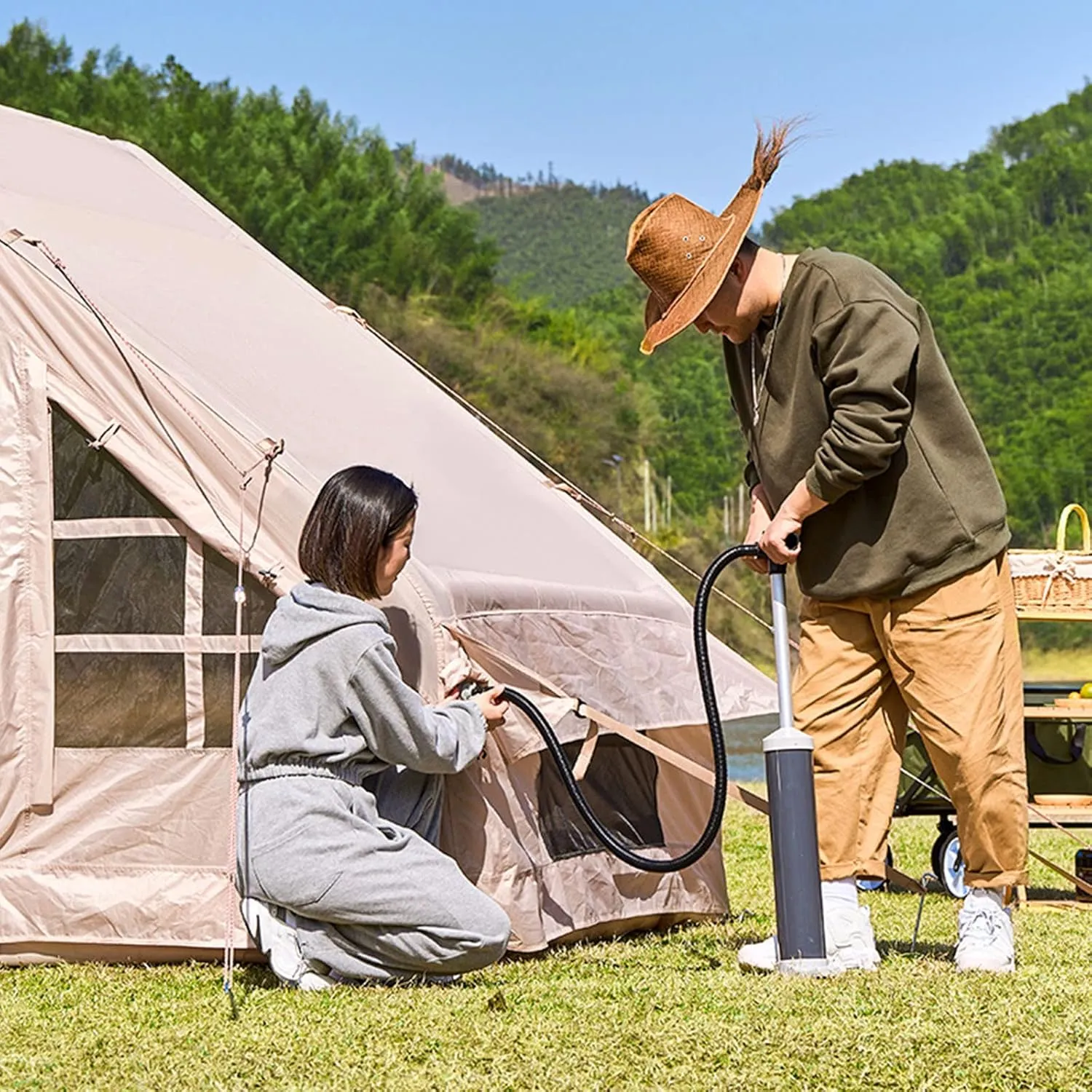 Inflatable Camping Tent with Pump,Large Outdoor Yurt Tents for Camping Waterproof Easy Setup - Canvas Hot Tents 4-8 Person Air Blow Up Tent Cabin - 4 Season Family Camping Tents