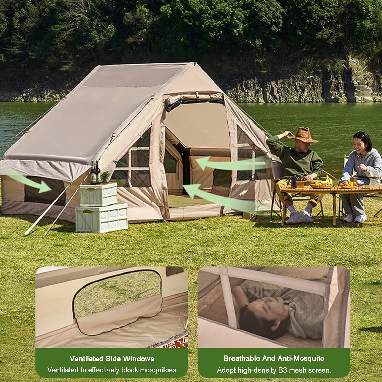 Inflatable Camping Tent with Pump,Large Outdoor Yurt Tents for Camping Waterproof Easy Setup - Canvas Hot Tents 4-8 Person Air Blow Up Tent Cabin - 4 Season Family Camping Tents