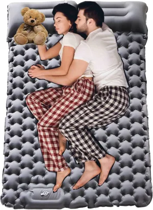 Inflatable Double Camping Mat with Pillow, Build-in Foot Pump Ultralight Sleeping Air Matress Pad for 2 Person, Portable Bed Compact for Camping Hiking Backpacking Outdoor (Grey, Double)