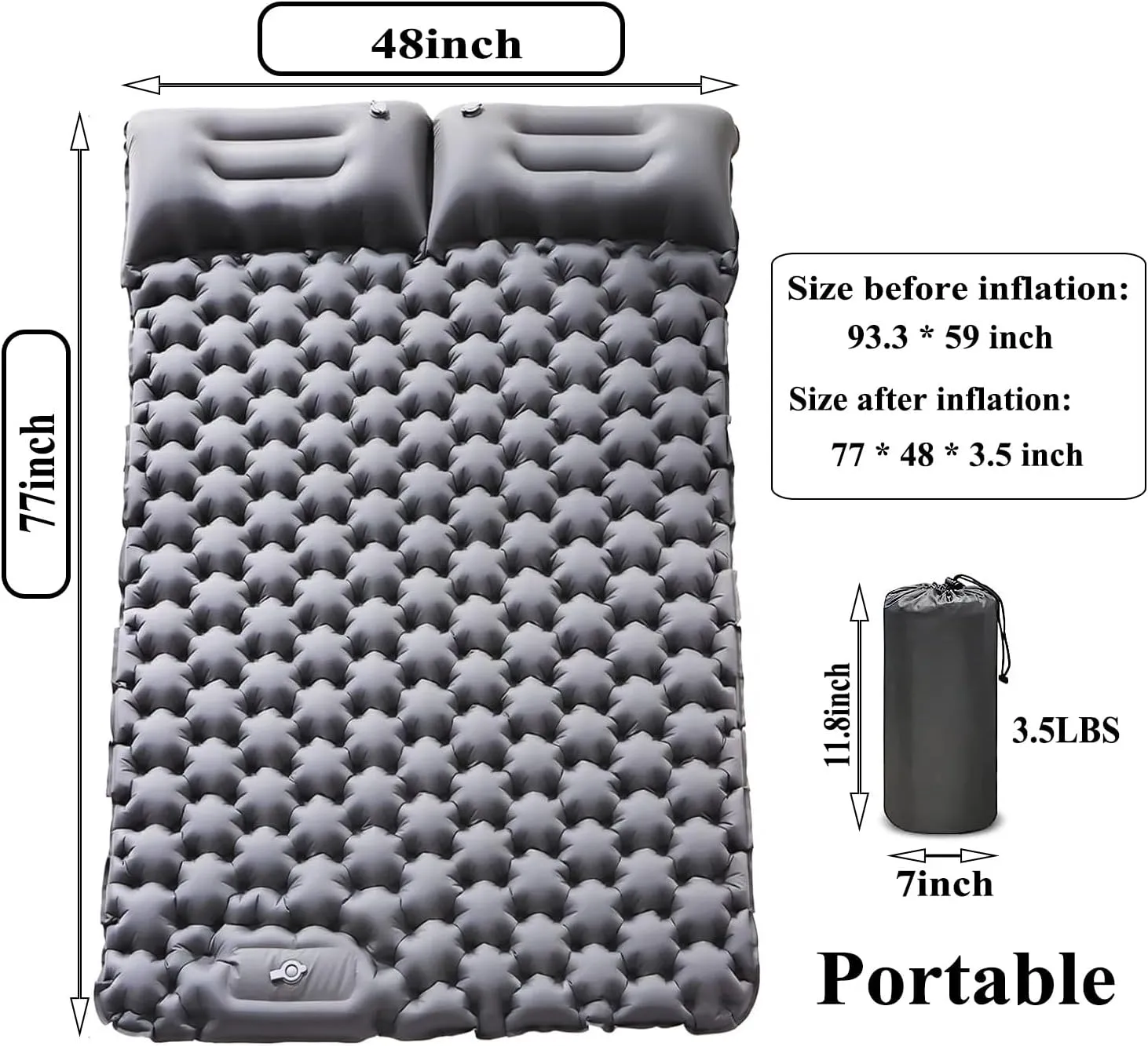 Inflatable Double Camping Mat with Pillow, Build-in Foot Pump Ultralight Sleeping Air Matress Pad for 2 Person, Portable Bed Compact for Camping Hiking Backpacking Outdoor (Grey, Double)