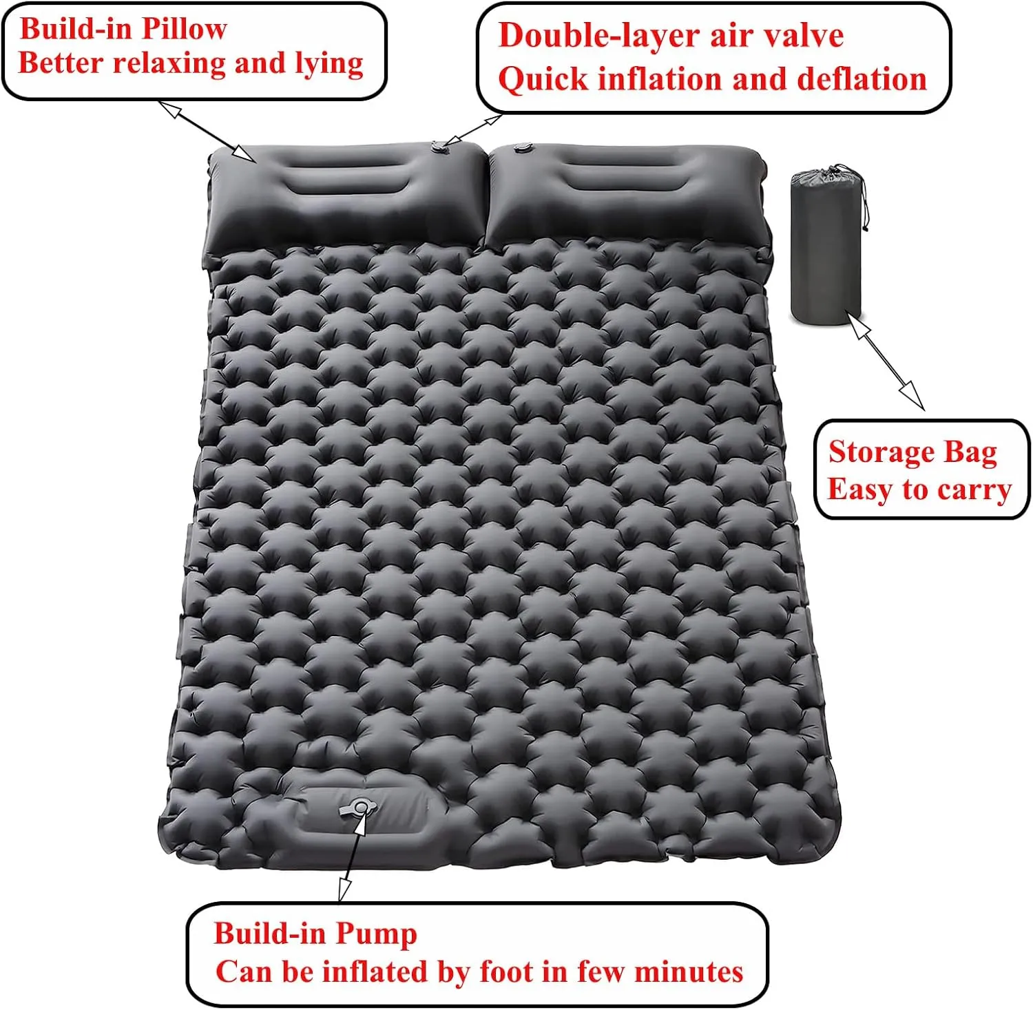 Inflatable Double Camping Mat with Pillow, Build-in Foot Pump Ultralight Sleeping Air Matress Pad for 2 Person, Portable Bed Compact for Camping Hiking Backpacking Outdoor (Grey, Double)