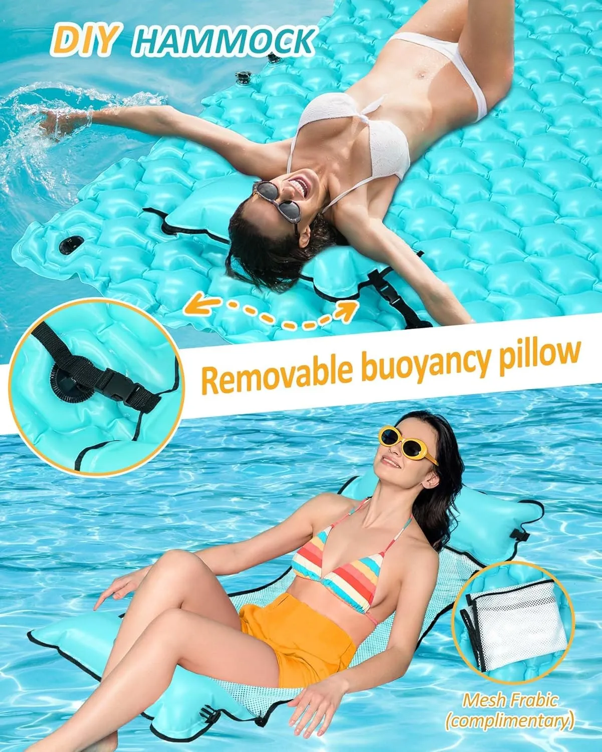 Inflatable Floating Mat, 102" x 72" X-Large Lake Floats with Water Hammock for Beach, Swimming Pool Party, and Family Fun (Blue)
