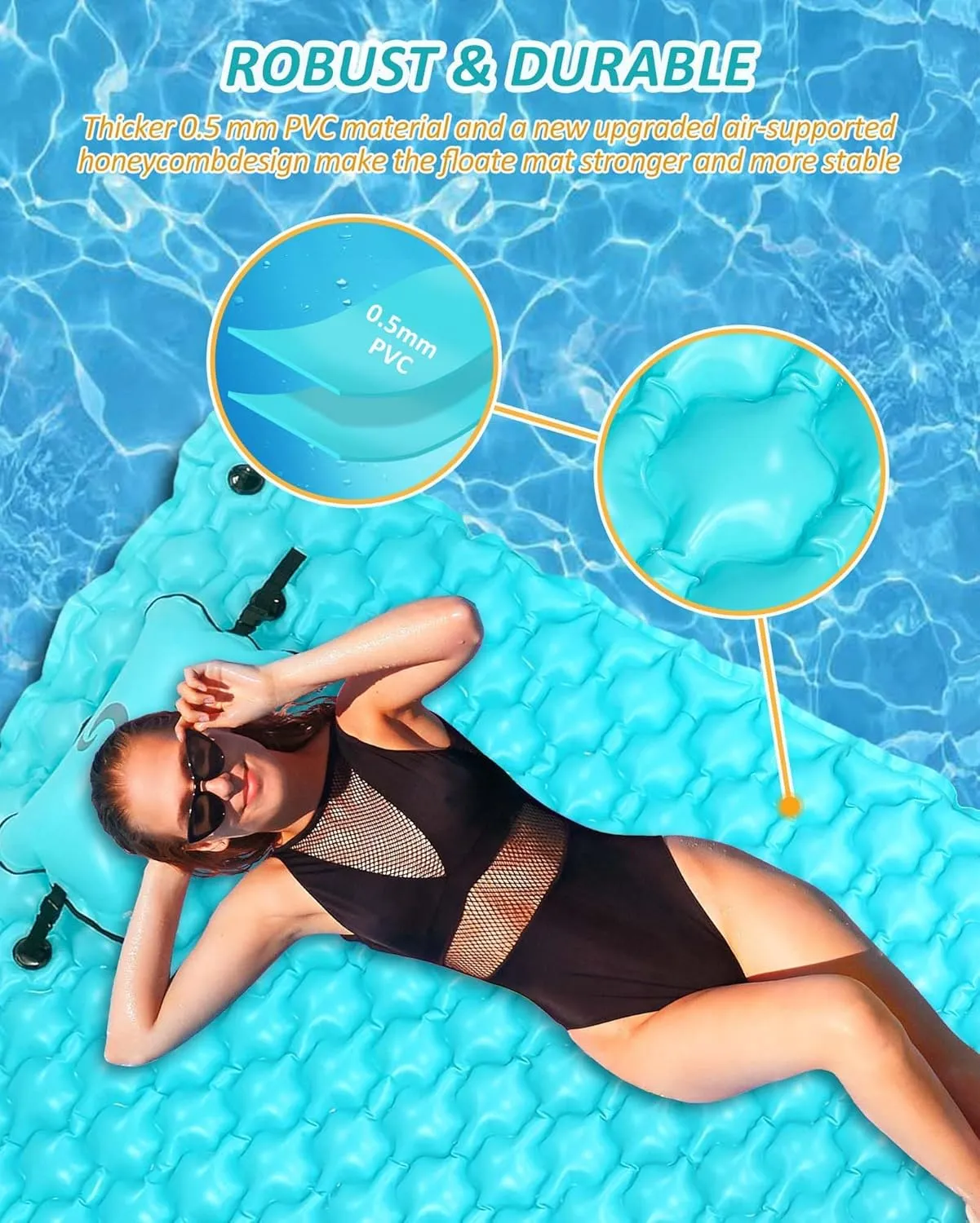 Inflatable Floating Mat, 102" x 72" X-Large Lake Floats with Water Hammock for Beach, Swimming Pool Party, and Family Fun (Blue)
