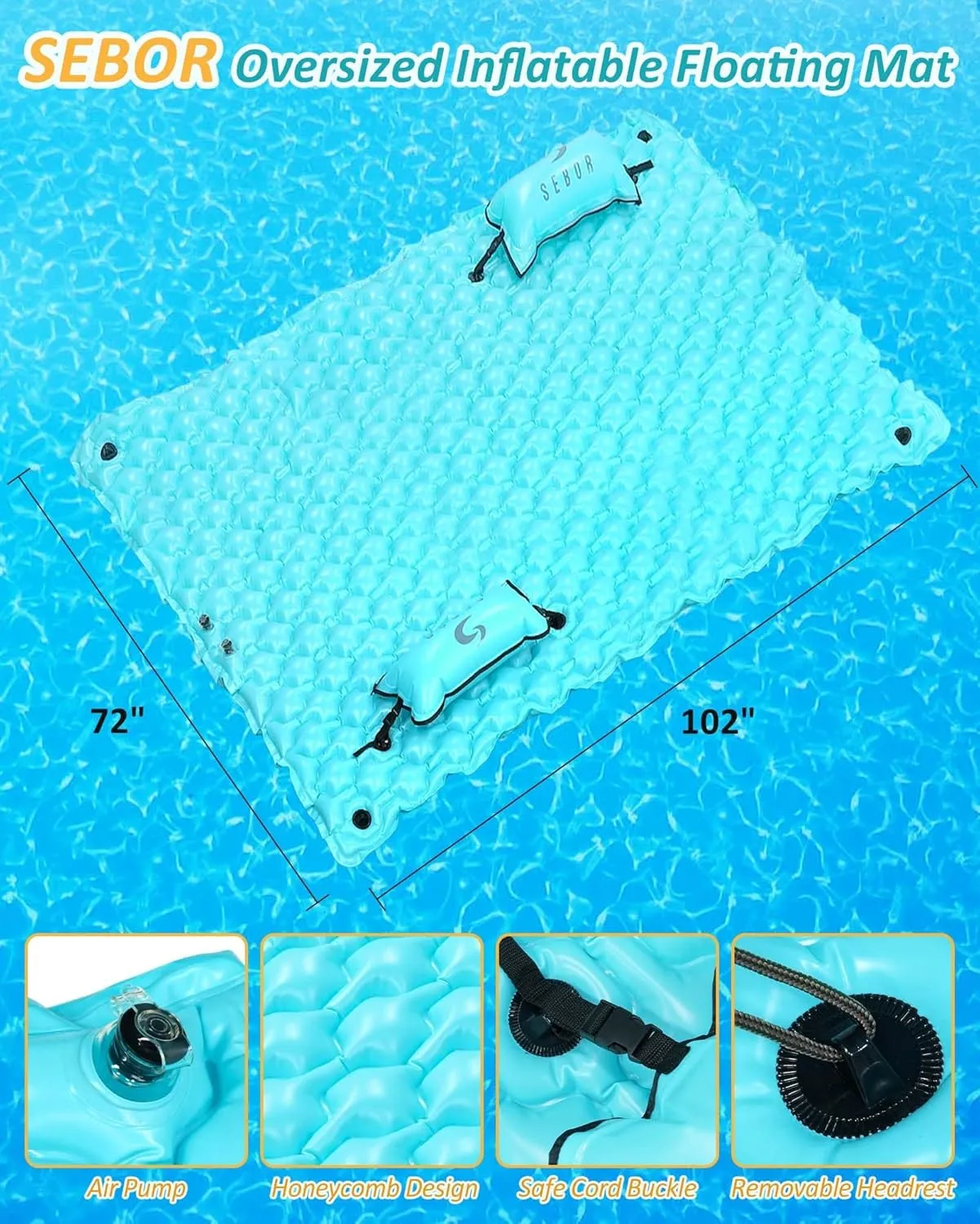 Inflatable Floating Mat, 102" x 72" X-Large Lake Floats with Water Hammock for Beach, Swimming Pool Party, and Family Fun (Blue)