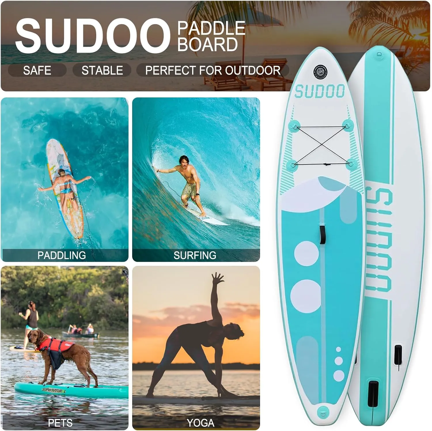 Inflatable Stand Up Paddle Board 10‘6‘‘x33‘‘- Ultra-Light SUP with Backpack, Pump, Paddle, Coil Leash, 3 Fins, Repair Kit, Stable Design, Non-Slip EVA Deck for Adults & Youth