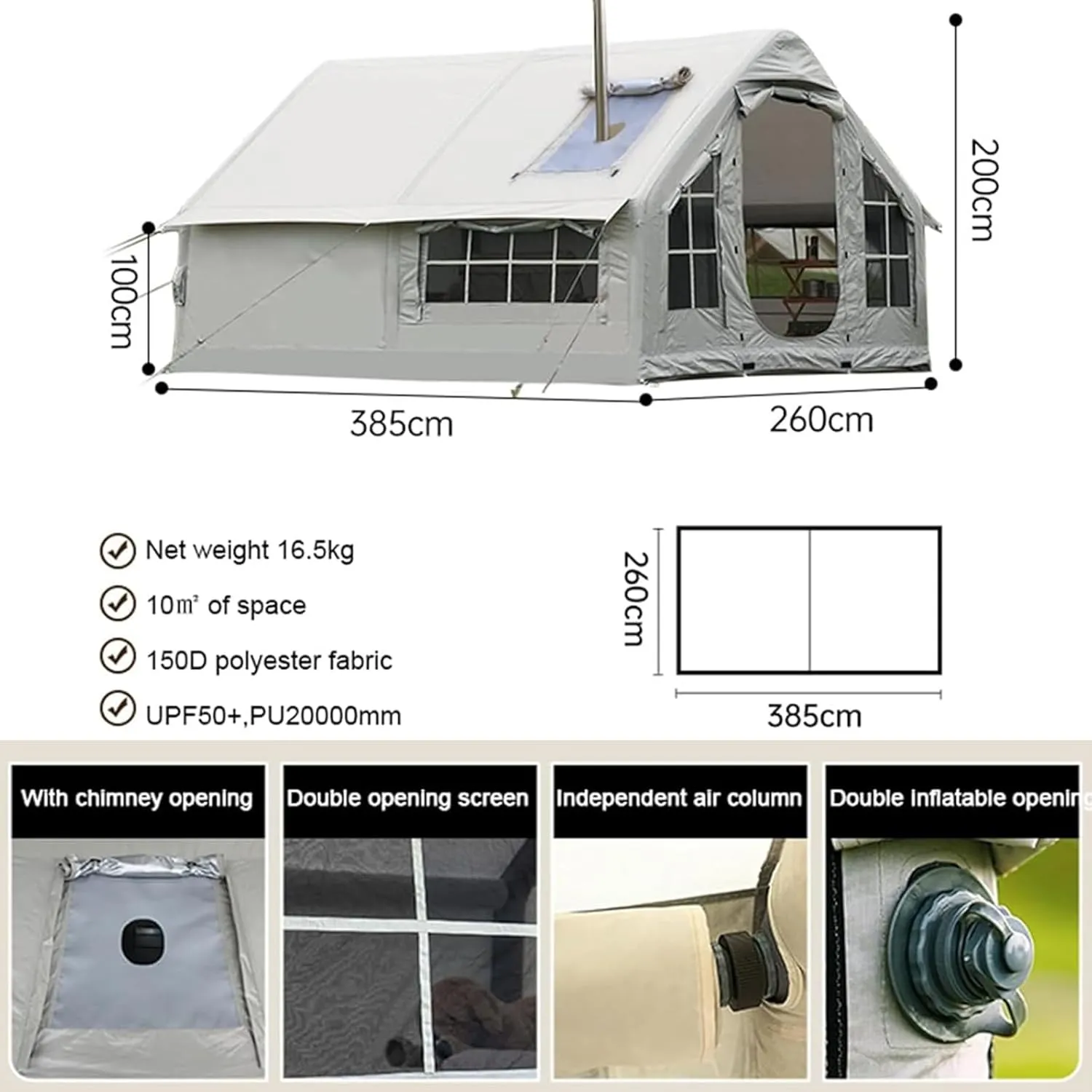 Inflatable Tents for Camping 6-8 Person,Pop Up Blow Up Tent with Chimney Opening Skylight,4 Season Glamping Tents Large Outdoor Family Luxury Big Air House Tent