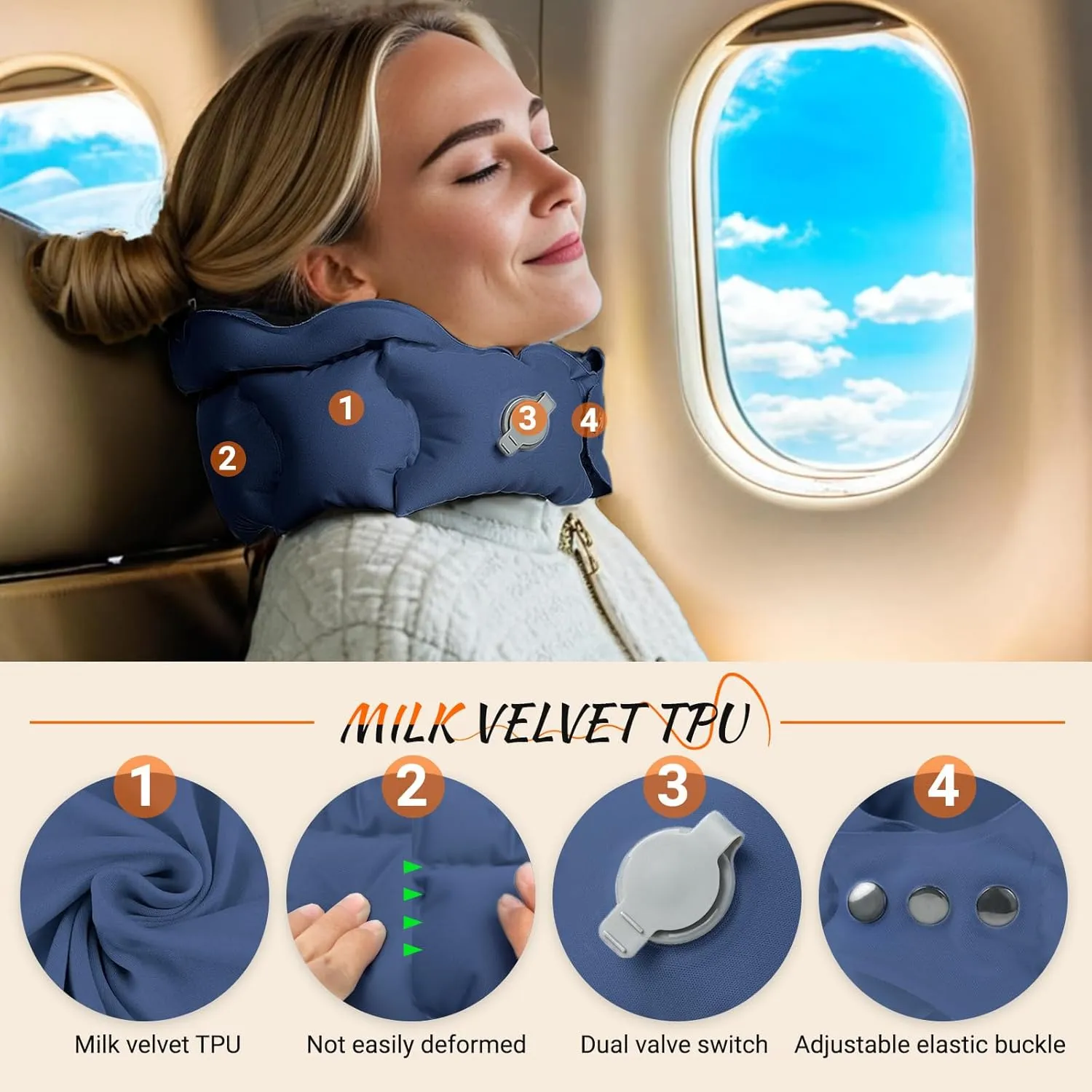 Inflatable Travel Pillow for Airplane, Inflatable Neck Pillow Airplane for Travel Office Nap Neck Support, Buy 1 Get 3 Professional Sleeping Eye Mask and Highly Silent