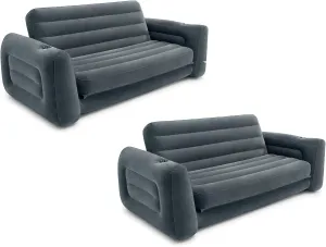 Intex 2 in 1 Inflatable Pull Out Sofa and Queen Size Air Bed Mattress with Cup Holders for Indoor and Outdoor Use for Adults (2 Pack), Charcoal Gray