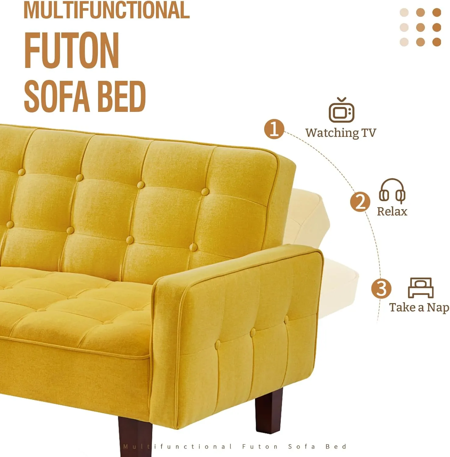 IULULU Futon Sofa Bed, Modern Convertible Sleeper Couch with Armrests for Studio, Office, Apartment, Compact Living, Game Room, Overnight Guests, Yellow