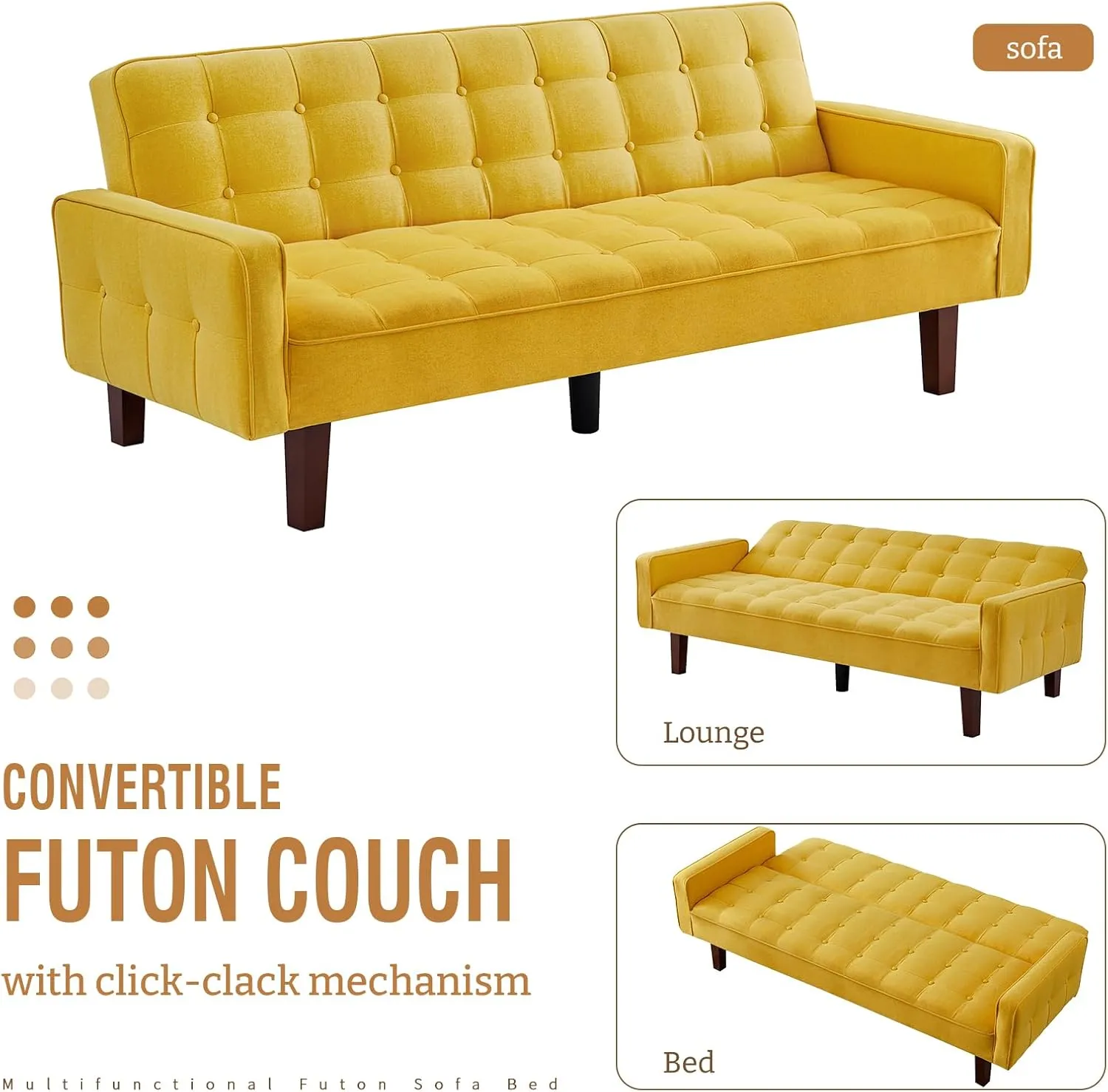 IULULU Futon Sofa Bed, Modern Convertible Sleeper Couch with Armrests for Studio, Office, Apartment, Compact Living, Game Room, Overnight Guests, Yellow