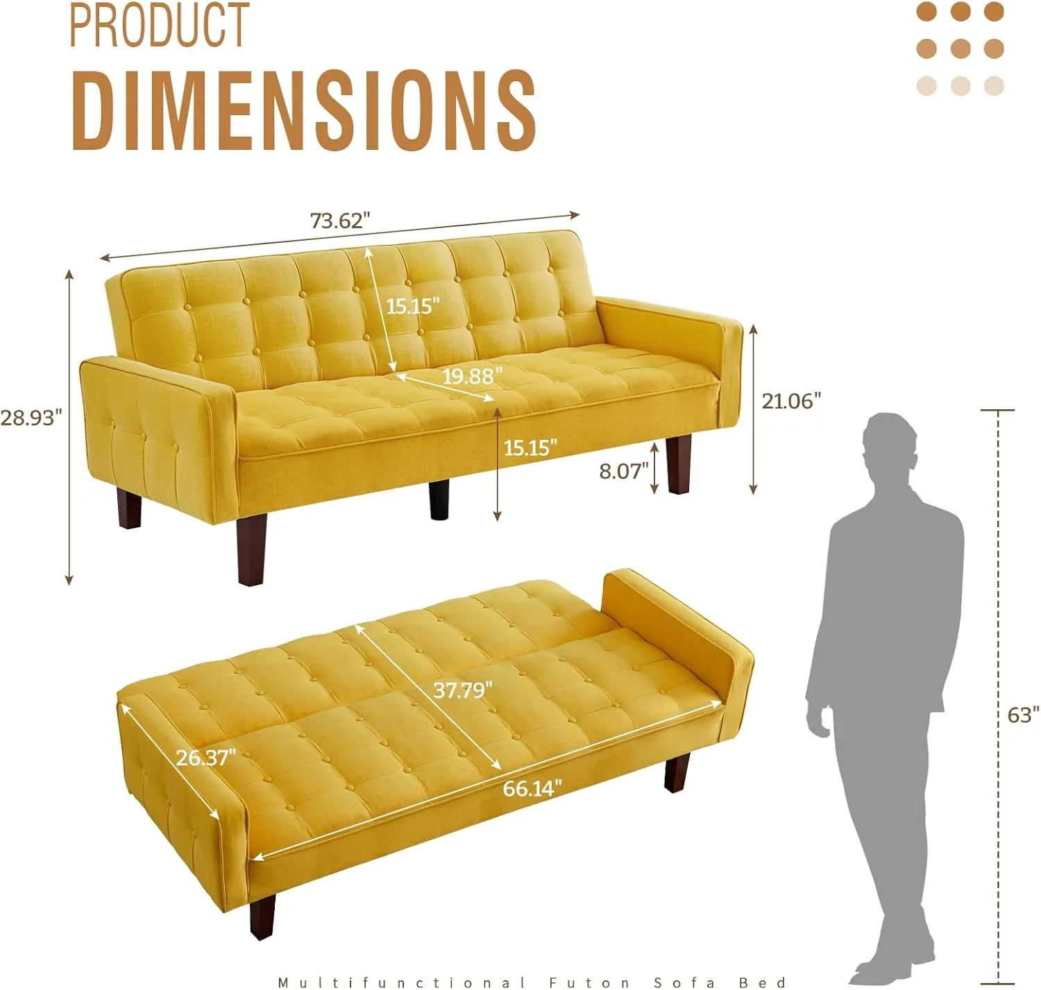 IULULU Futon Sofa Bed, Modern Convertible Sleeper Couch with Armrests for Studio, Office, Apartment, Compact Living, Game Room, Overnight Guests, Yellow