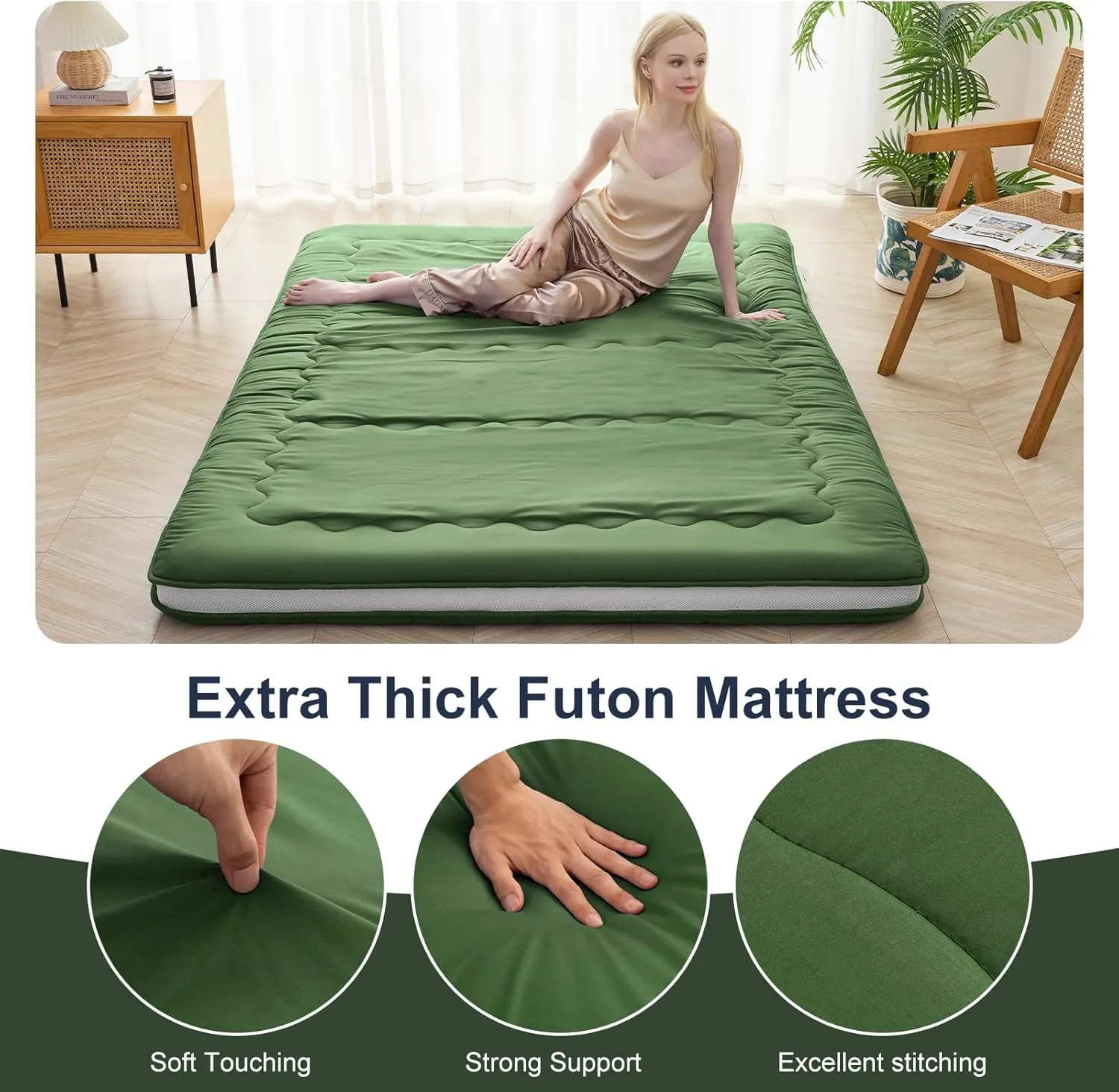 Japanese Floor Mattress, 4" Japanese Futon Mattress, Foldable & Portable Shiki Futon (shikibuton), Roll Up Thicken Sleeping Tatami Mat Sleeping Pad for Camping (Green, 39 x 80)