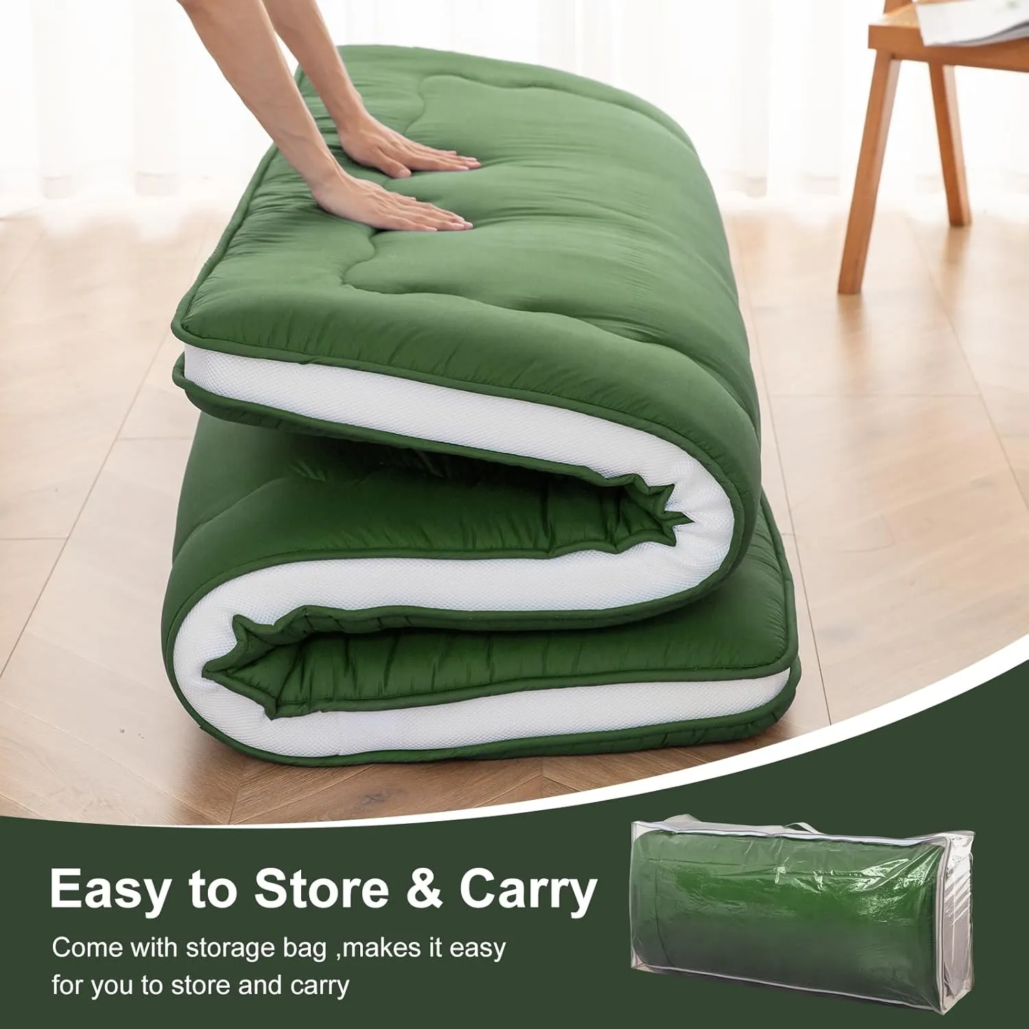 Japanese Floor Mattress, 4" Japanese Futon Mattress, Foldable & Portable Shiki Futon (shikibuton), Roll Up Thicken Sleeping Tatami Mat Sleeping Pad for Camping (Green, 39 x 80)