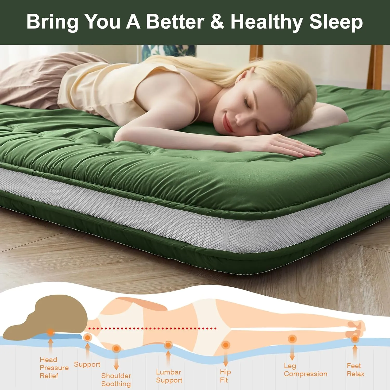 Japanese Floor Mattress, 4" Japanese Futon Mattress, Foldable & Portable Shiki Futon (shikibuton), Roll Up Thicken Sleeping Tatami Mat Sleeping Pad for Camping (Green, 39 x 80)