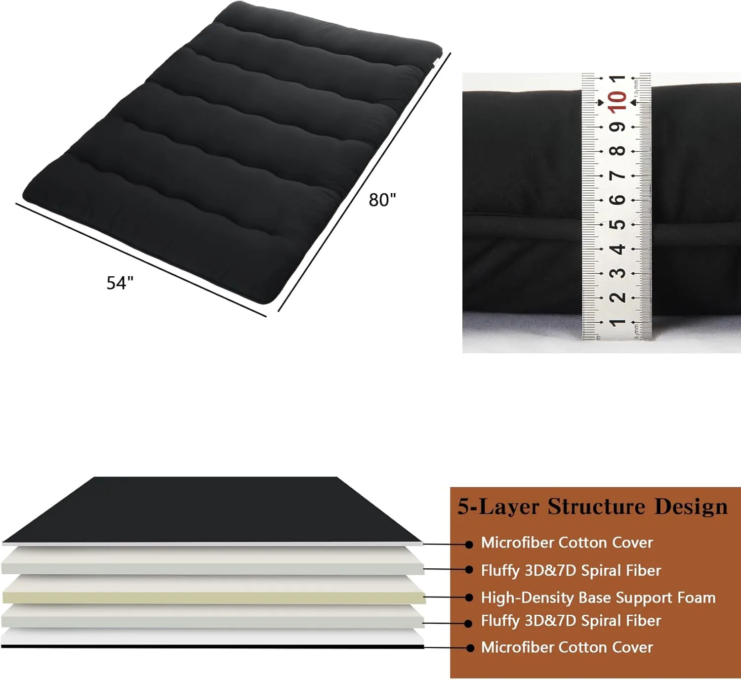 Japanese Floor Mattress, Futon Mattress Full Size, Foldable Sleeping Pad Roll Up Mattress Tatami Mat for Camping, Guest Room, Bedroom, Black