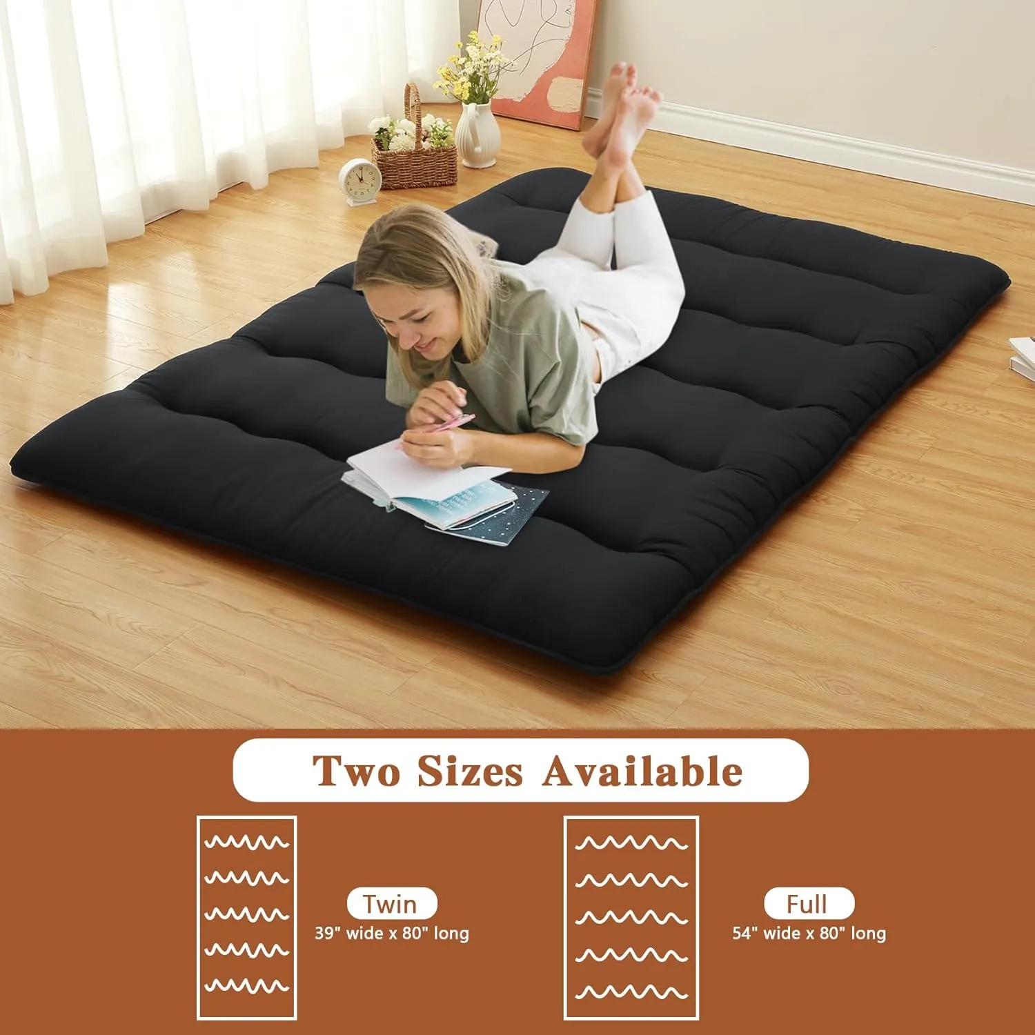 Japanese Floor Mattress, Futon Mattress Full Size, Foldable Sleeping Pad Roll Up Mattress Tatami Mat for Camping, Guest Room, Bedroom, Black