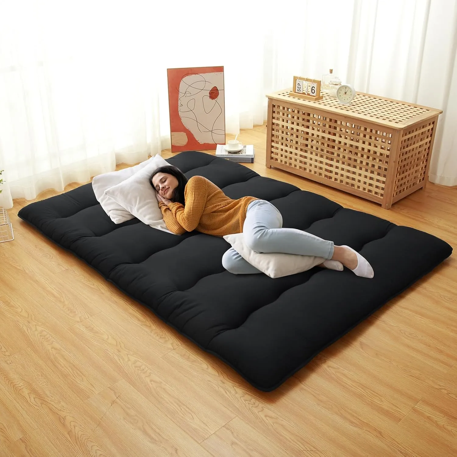 Japanese Floor Mattress, Futon Mattress Full Size, Foldable Sleeping Pad Roll Up Mattress Tatami Mat for Camping, Guest Room, Bedroom, Black