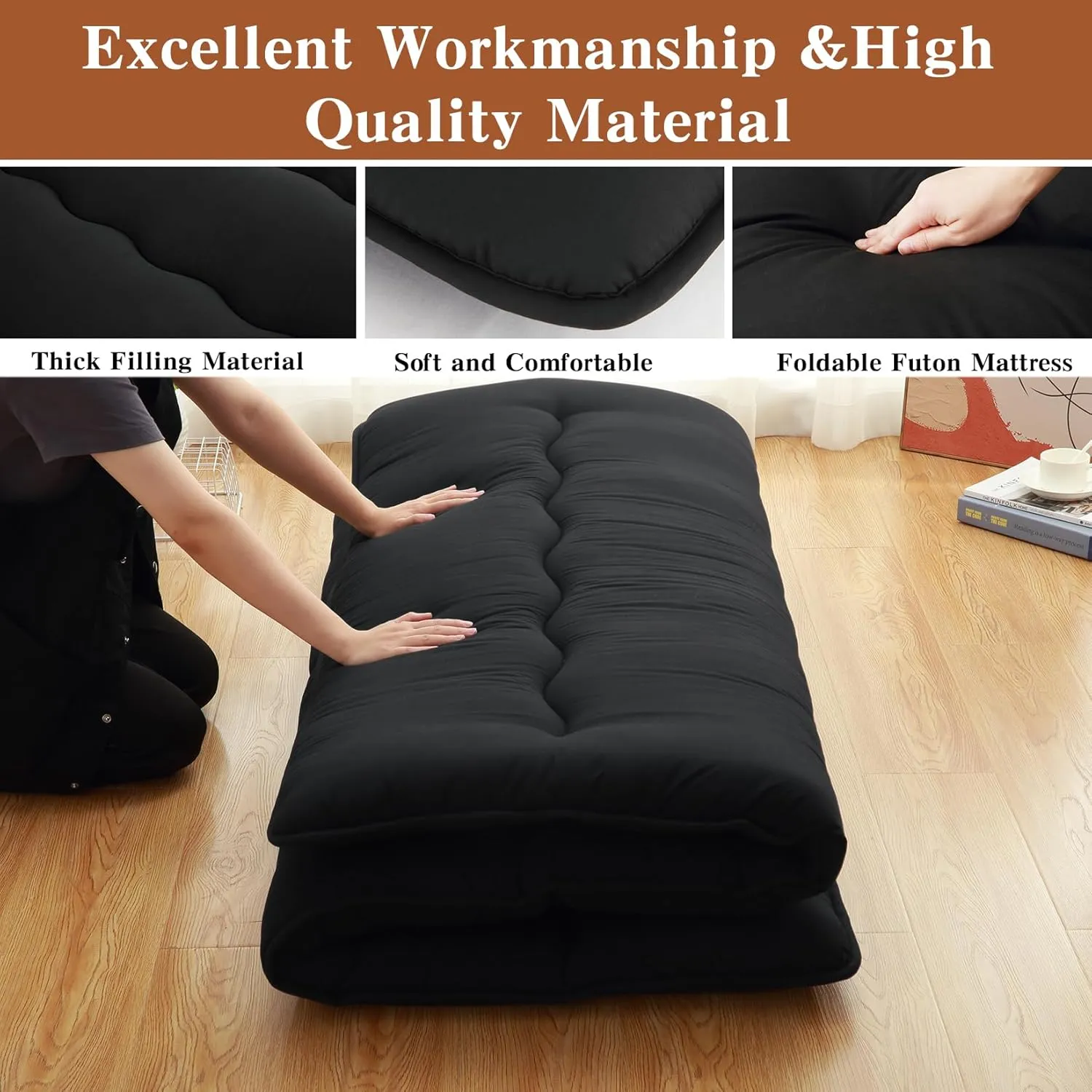 Japanese Floor Mattress, Futon Mattress Full Size, Foldable Sleeping Pad Roll Up Mattress Tatami Mat for Camping, Guest Room, Bedroom, Black
