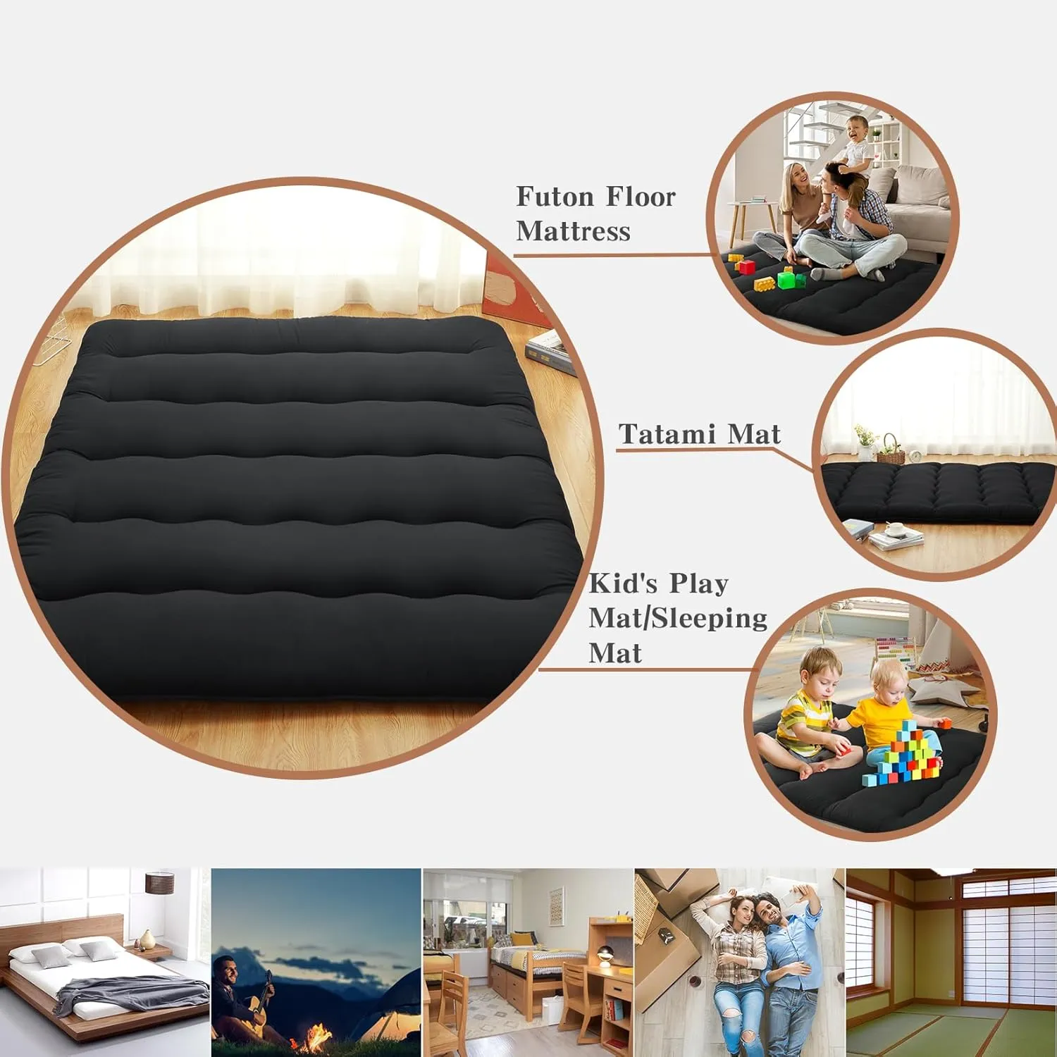 Japanese Floor Mattress, Futon Mattress Full Size, Foldable Sleeping Pad Roll Up Mattress Tatami Mat for Camping, Guest Room, Bedroom, Black